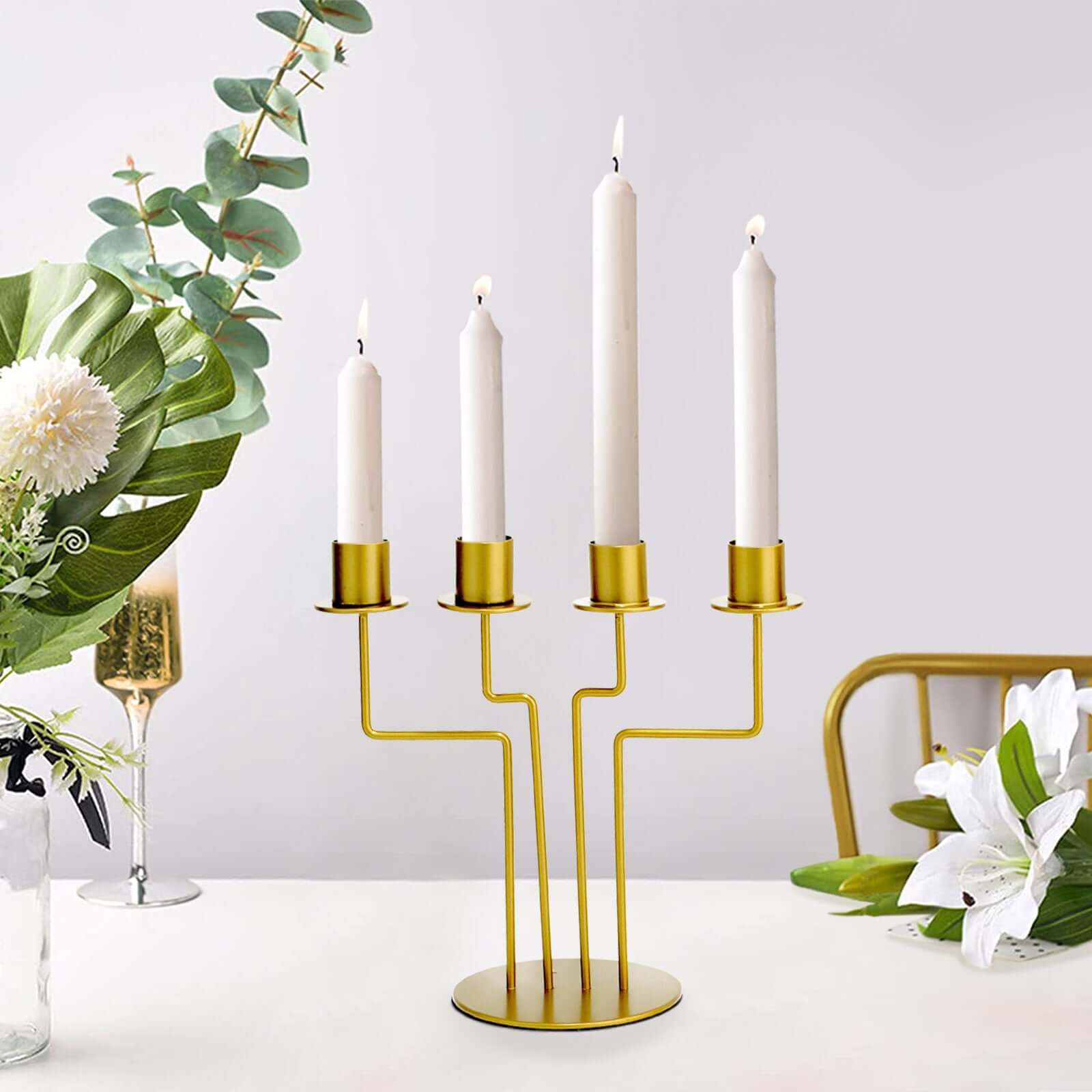 2-Pack Geometric Taper Candelabra 4 Arm Design Gold Metal Decorative Centerpiece - Perfect for Events 8