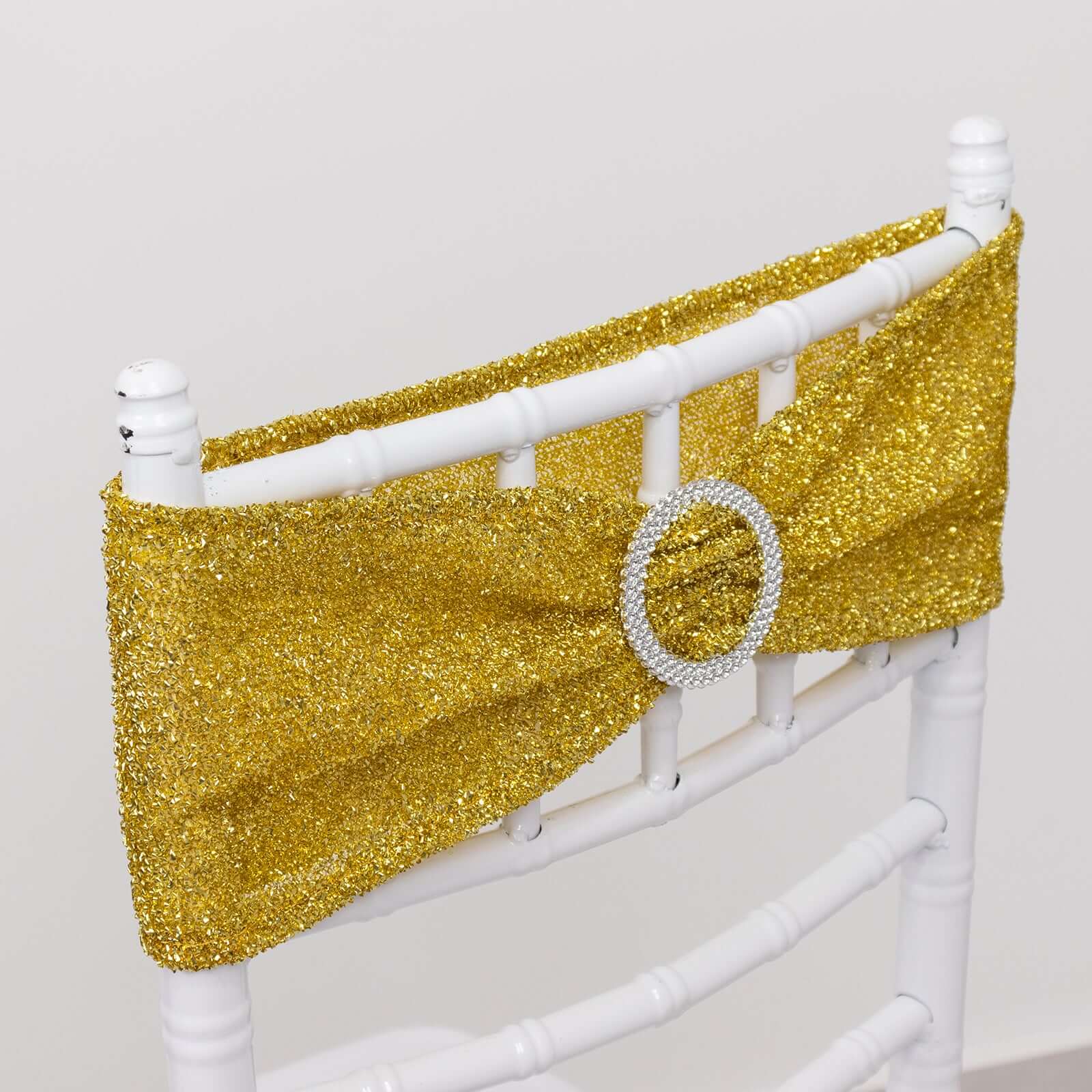 5 Pack Chair Sashes Shimmer Tinsel Spandex 5x12 with Silver Rhinestone Buckles Gold - Stylish Decor for Weddings