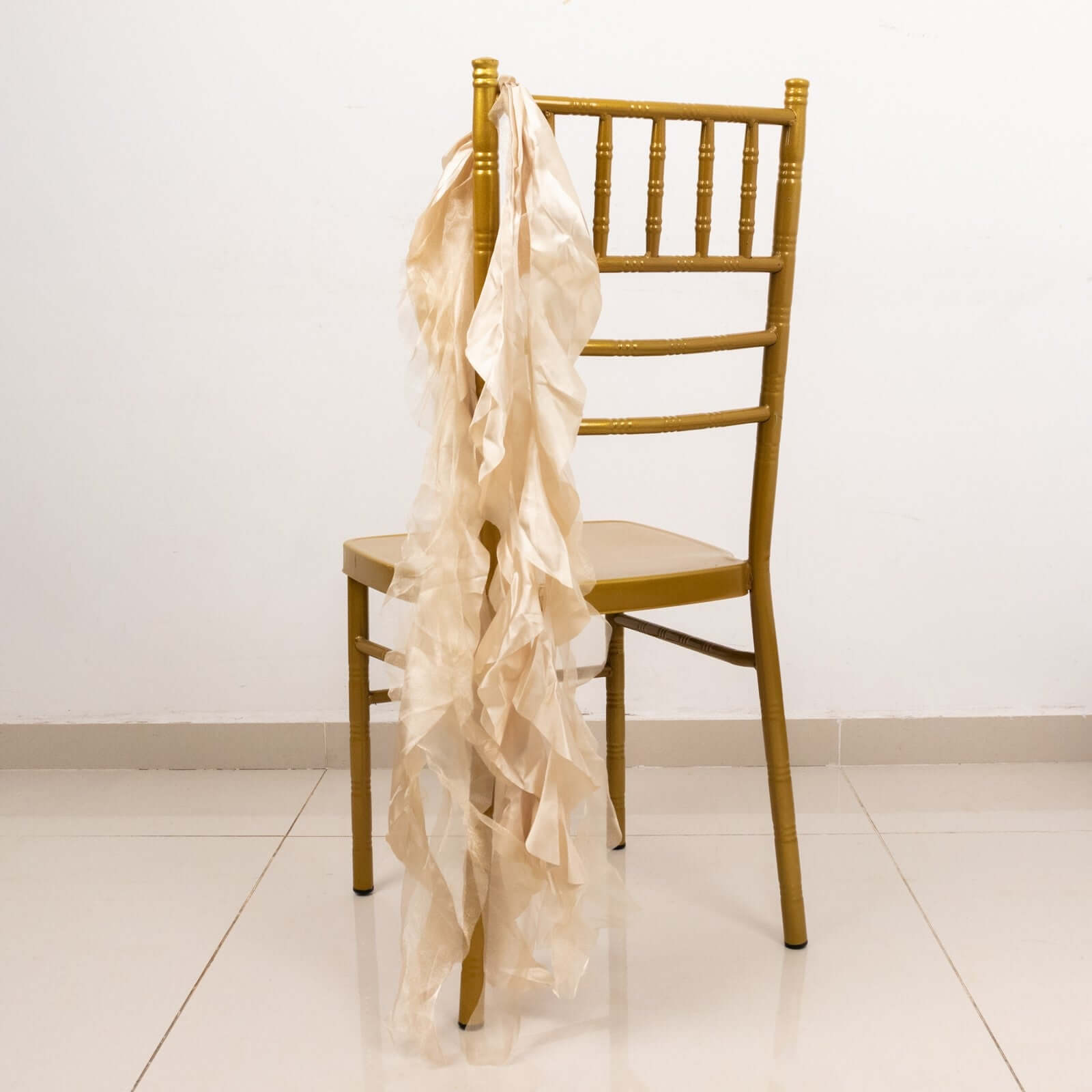 5 Pack Chiffon Satin Chair Sashes Beige - Easy to Install Ruffled Curly Willow