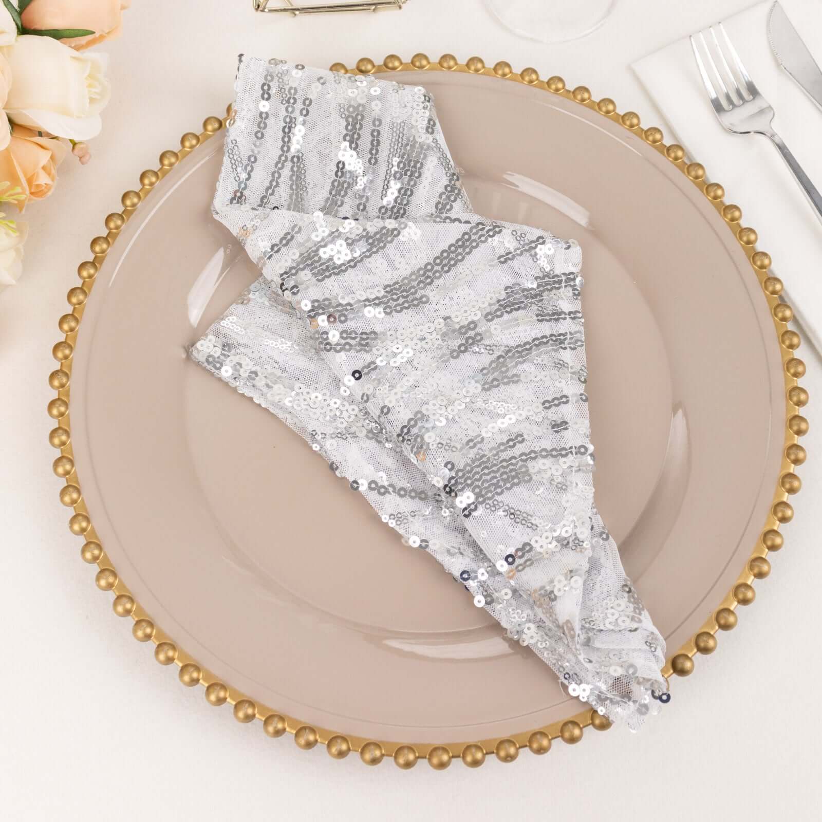 Sequin Mesh 20x20 Napkin SIlver - Wave Embroidered Reusable Napkin