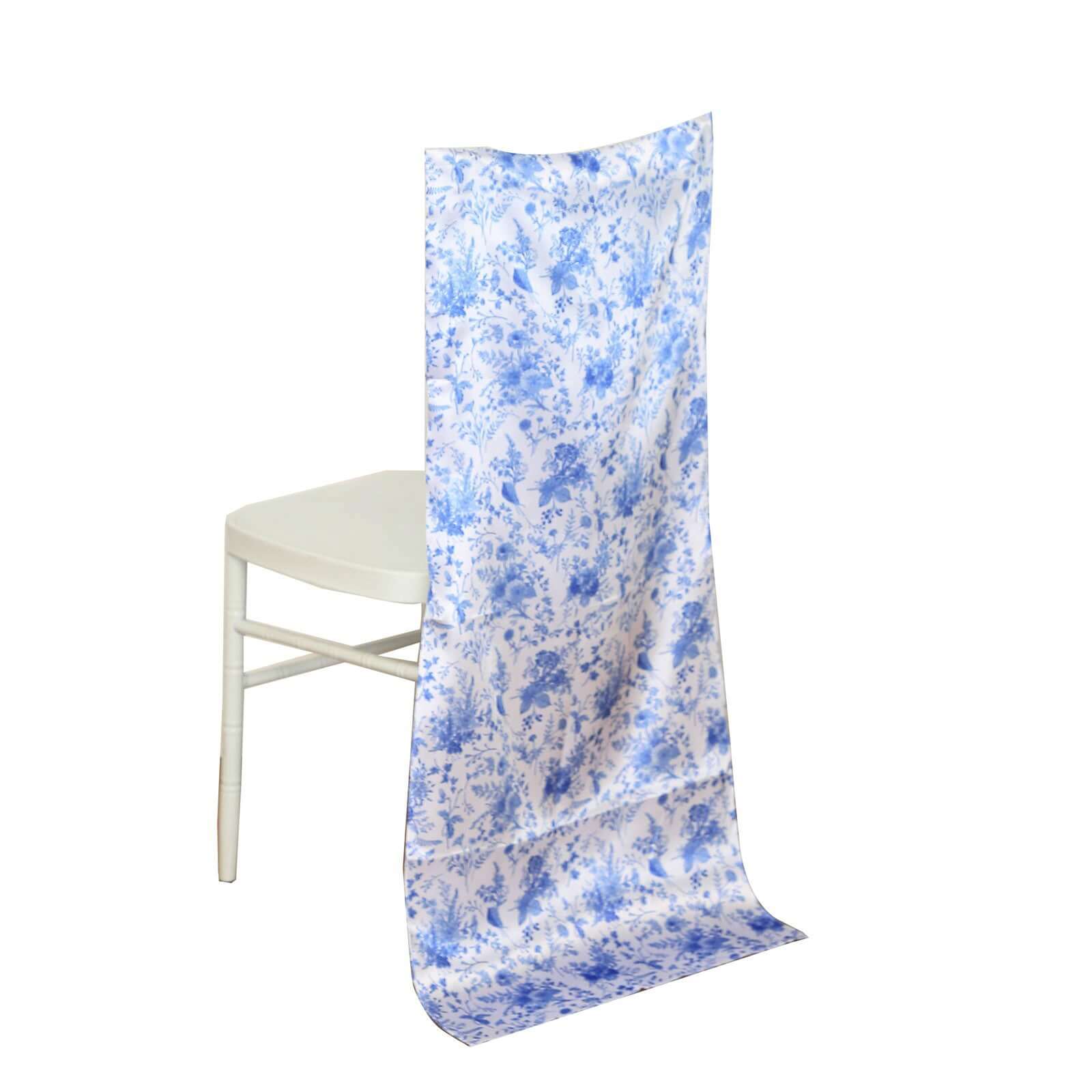 Satin Chair Slipcover French Toile Floral Print for Chiavari Chairs White/Blue - Stylish Wedding Chair Back Cover