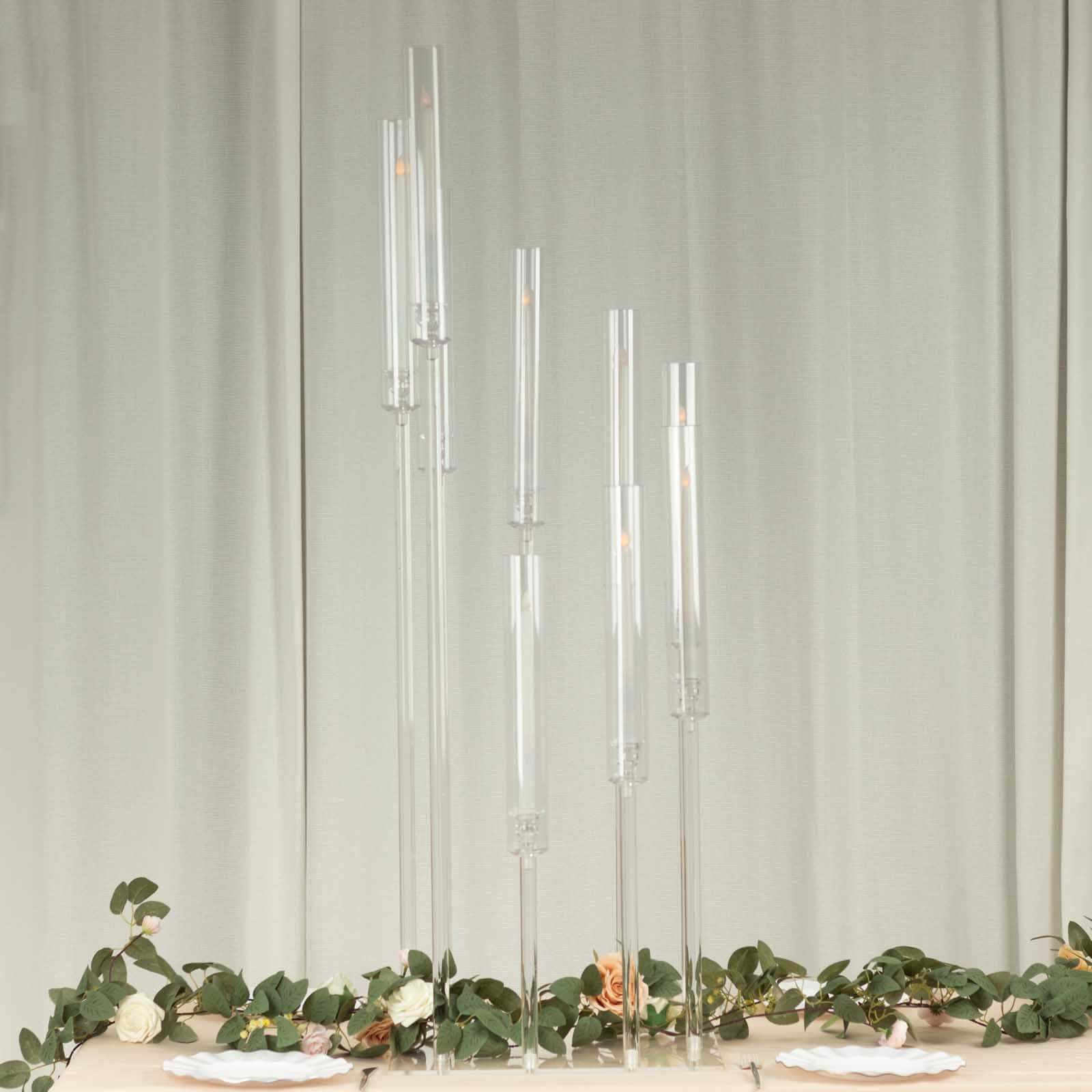 9-Arm Cluster Acrylic Candelabra Clear with Square Base - Sophisticated Taper Candle Holder Table Centerpiece for Pillar Candles 4ft