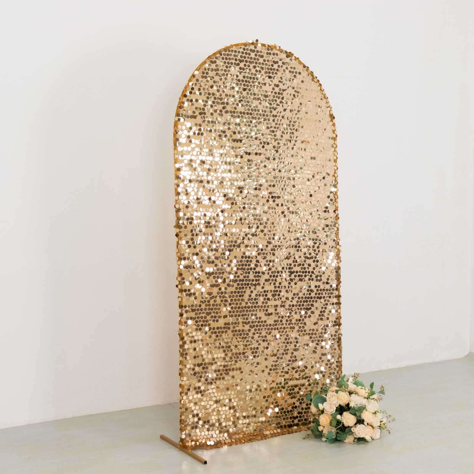 7ft Sparkly Gold Big Payette Sequin Fitted Wedding Arch Cover for Round Top Chiara Backdrop Stand