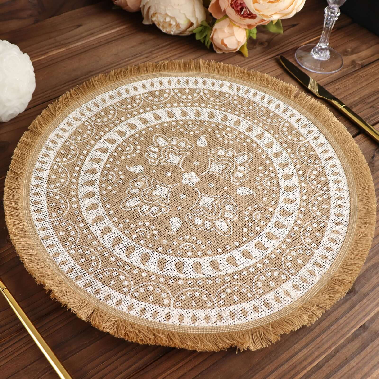 4-Pack Placemats Fringe Print Design Natural Jute and White Round - Rustic Burlap Woven Style 15