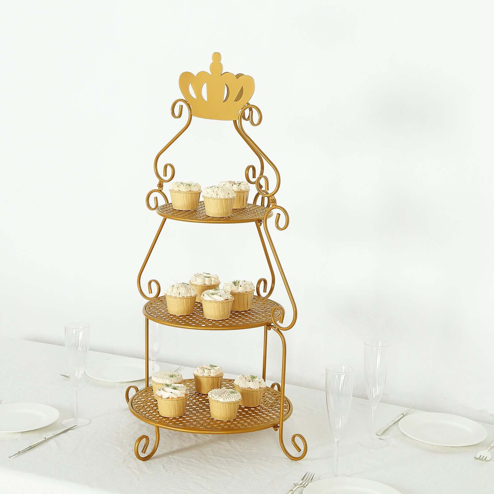 3 Tier Metal Round Cake Stand 32 Gold with Crown Top - Easy To Assemble Cupcake Holder Dessert Display Stand for Sophisticated Tea Parties Buffet Tables & Special Occasions