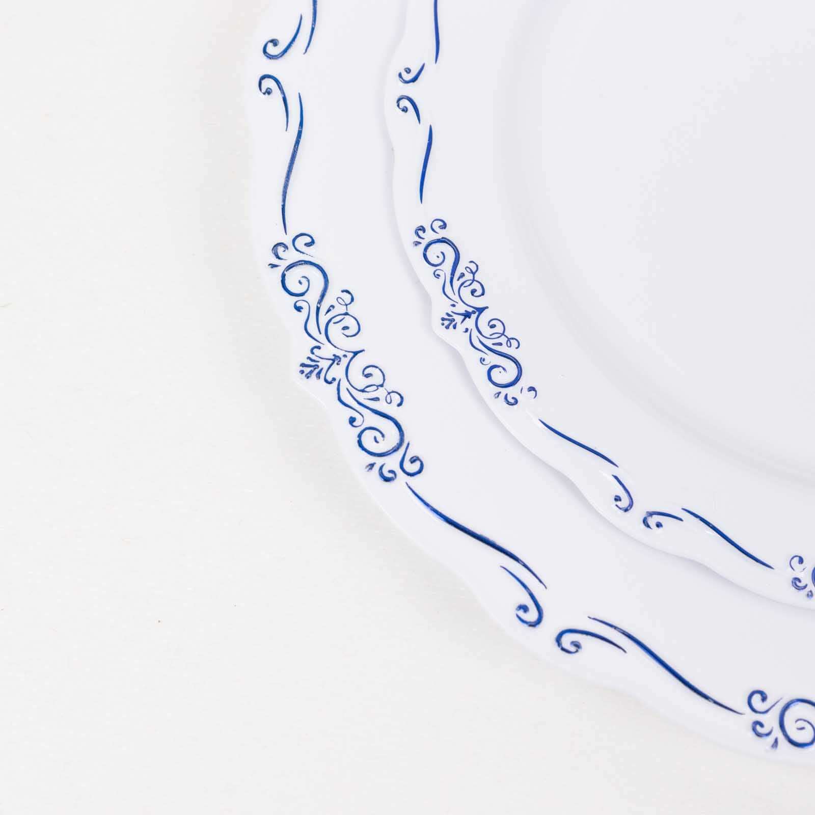 10-Pack Plastic 7 Round Dessert Plates in White with Blue Vintage Embossed Rim - Sturdy Disposable Scalloped Edge Salad Plates