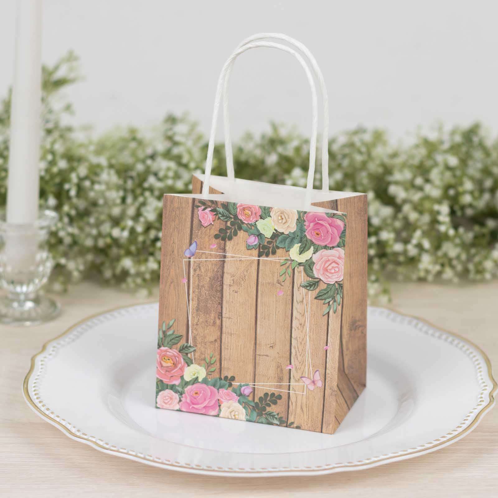 12 Pack Natural Wood Print Paper Party Favor Bags with Rose Floral Accent, Small Gift Goodie Bags With Handles - 4x5