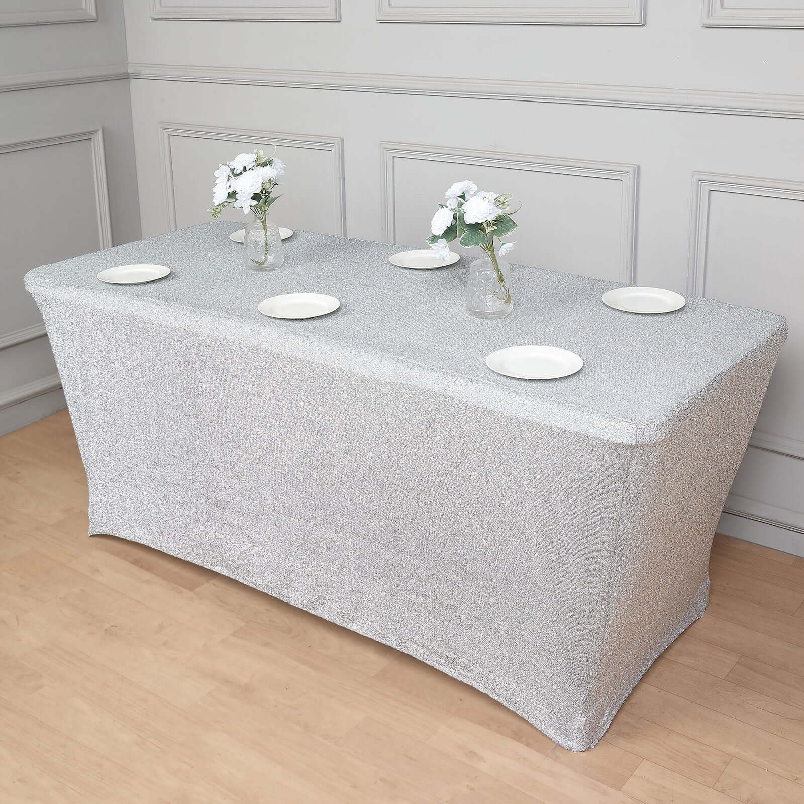 Shimmer Tinsel Spandex 72x30 Rectangle Tablecloth Metallic Silver Glittered Shiny Stretch Table Cover