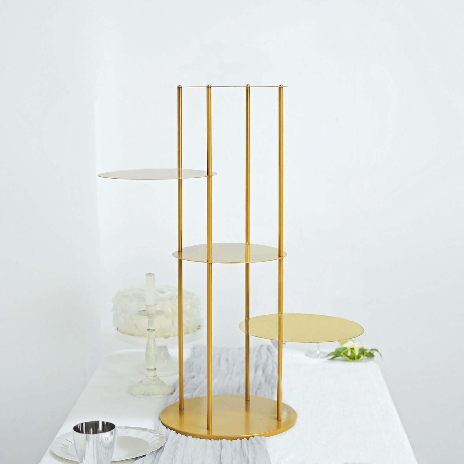 5-Tier Metal Round Cake Stand Centerpiece Gold - Luxurious Pillar Style Cupcake Dessert Display Tower Planter Shelf for Weddings Banquets & Celebrations 2.5ft