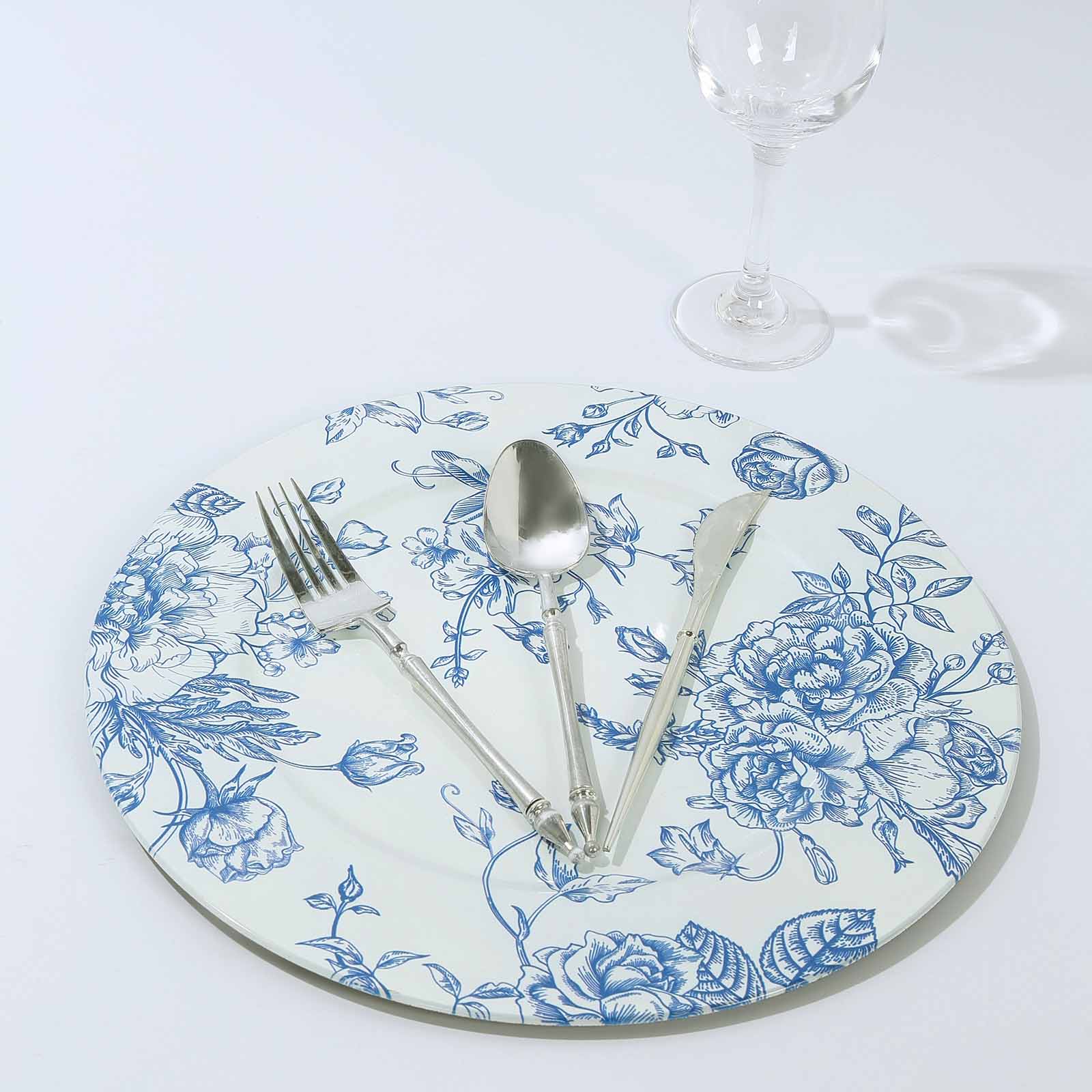 6-Pack Acrylic Round Charger Plates 13 in White with Light Blue Floral French Toile Pattern, Decorative Dinner Party Charger Tableware