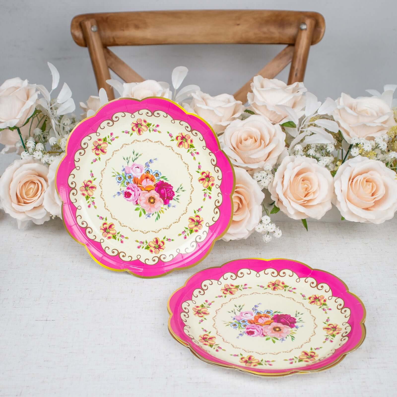 24-Pack Paper 9 Round Dinner Plates in Mixed Floral Print with Scalloped Edge - Disposable Party Plates for Baby Showers & Vintage Themes