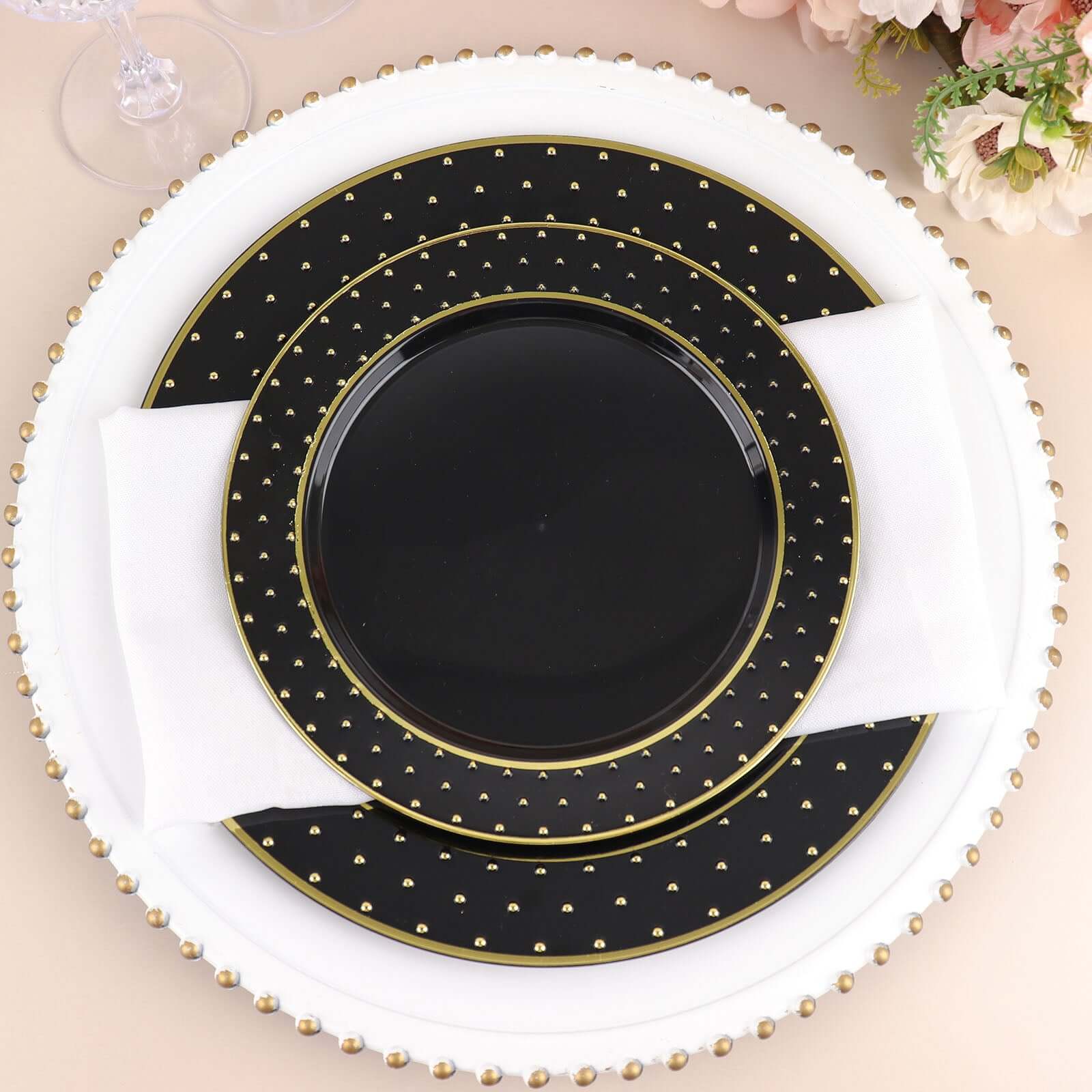 10-Pack Plastic 7.5 Round Dessert Plates in Black with Gold 3D Polka Dotted Rim - Durable Disposable Appetizer Salad Plates for Modern Themed Events & Banquets