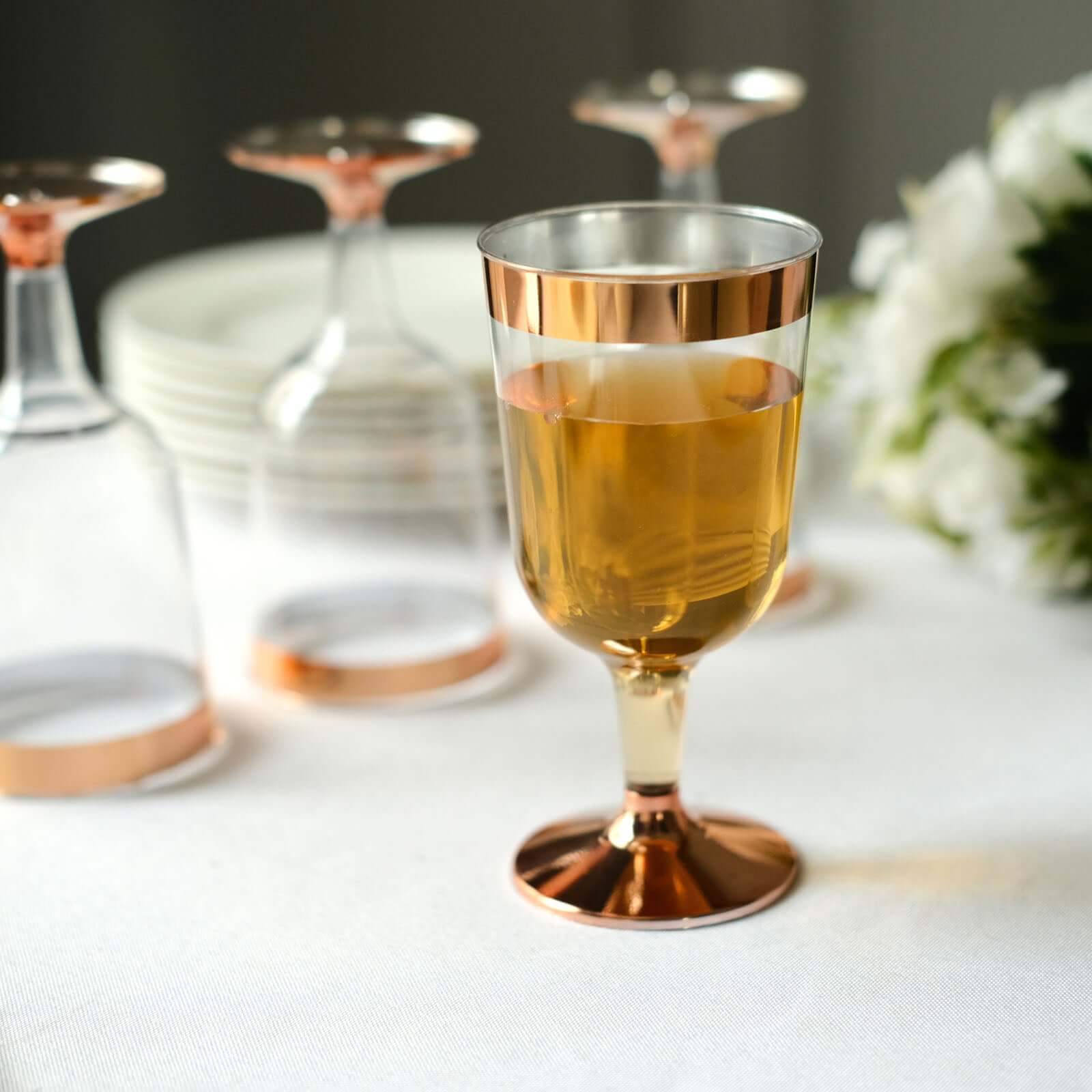 12-Pack Plastic Wine Glasses Clear with Rose Gold Rim - Classy Disposable Cups with Detachable Base for Weddings & Special Occasions 6oz