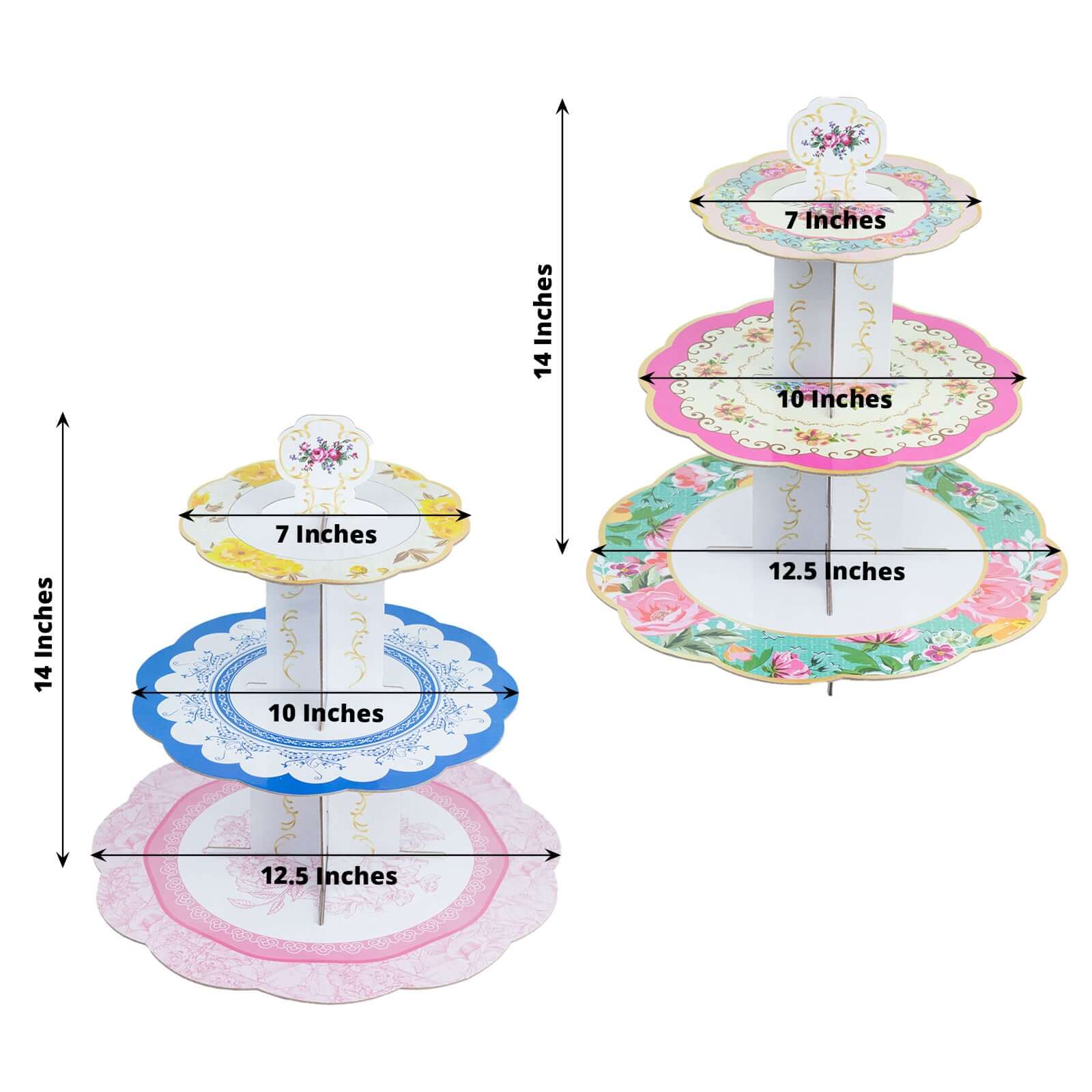 2-Pack Cardboard Round Cupcake Stand Assorted Floral Design - 3-Tier Reusable Dessert Display Pedestal With Scalloped Edges for Garden-Themed Celebrations 14