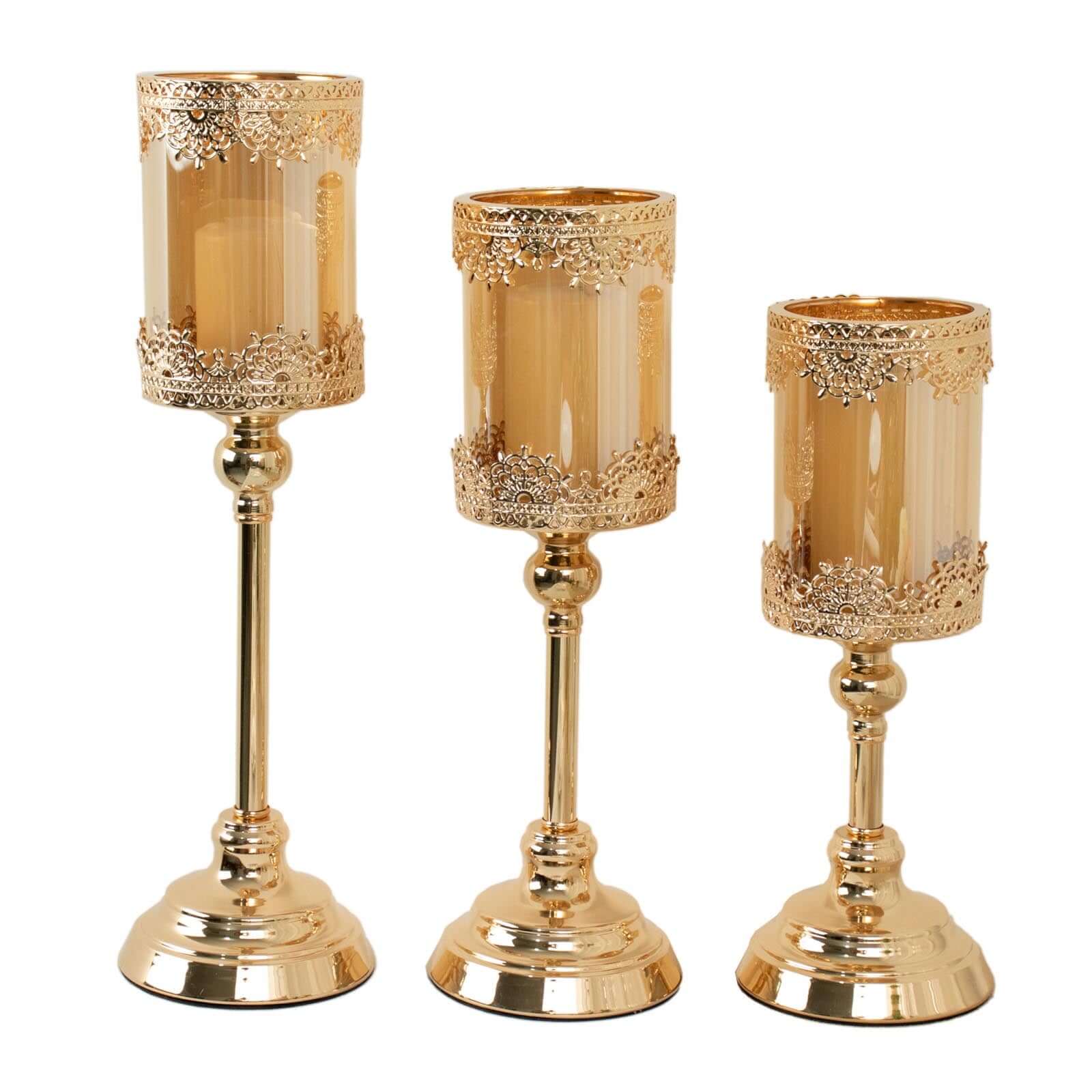 Set of 3 Lace Votive Candle Stands Antique Gold with Hurricane Glass Shades - Refined Pillar Candle Holders 13, 15, 17