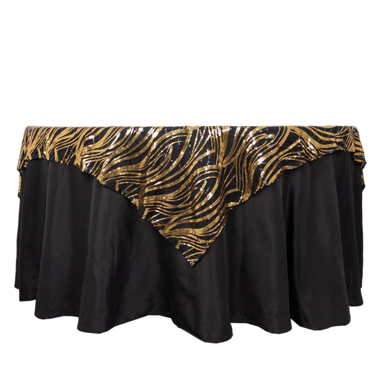 Mesh 72x72 Table Overlay Square Tablecloth Black Gold - Wave Embroidered Sequins Table Topper