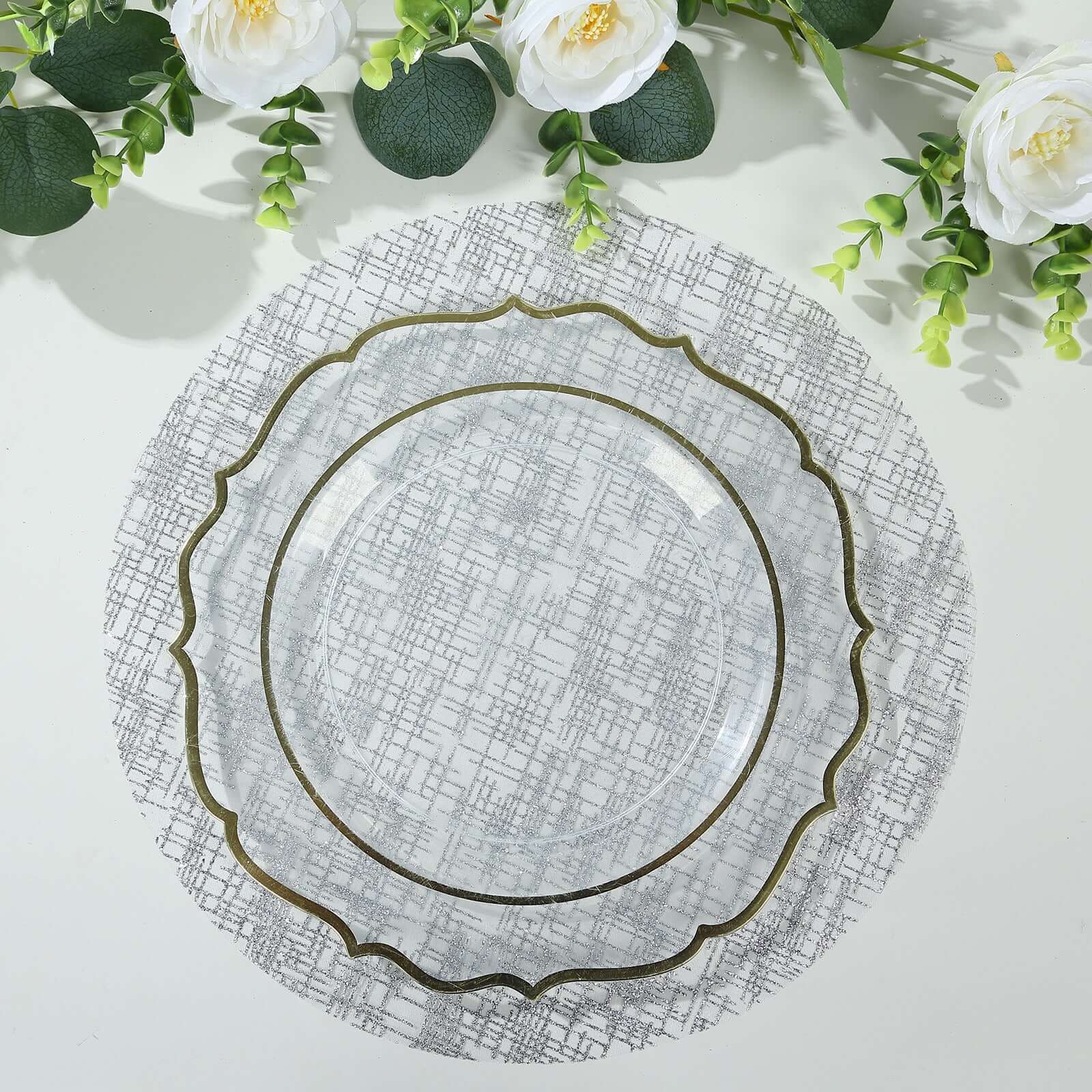 10-Pack Table Placemats Glitter Design Metallic Silver Round - Mesh Polyester Disposable Mats 13