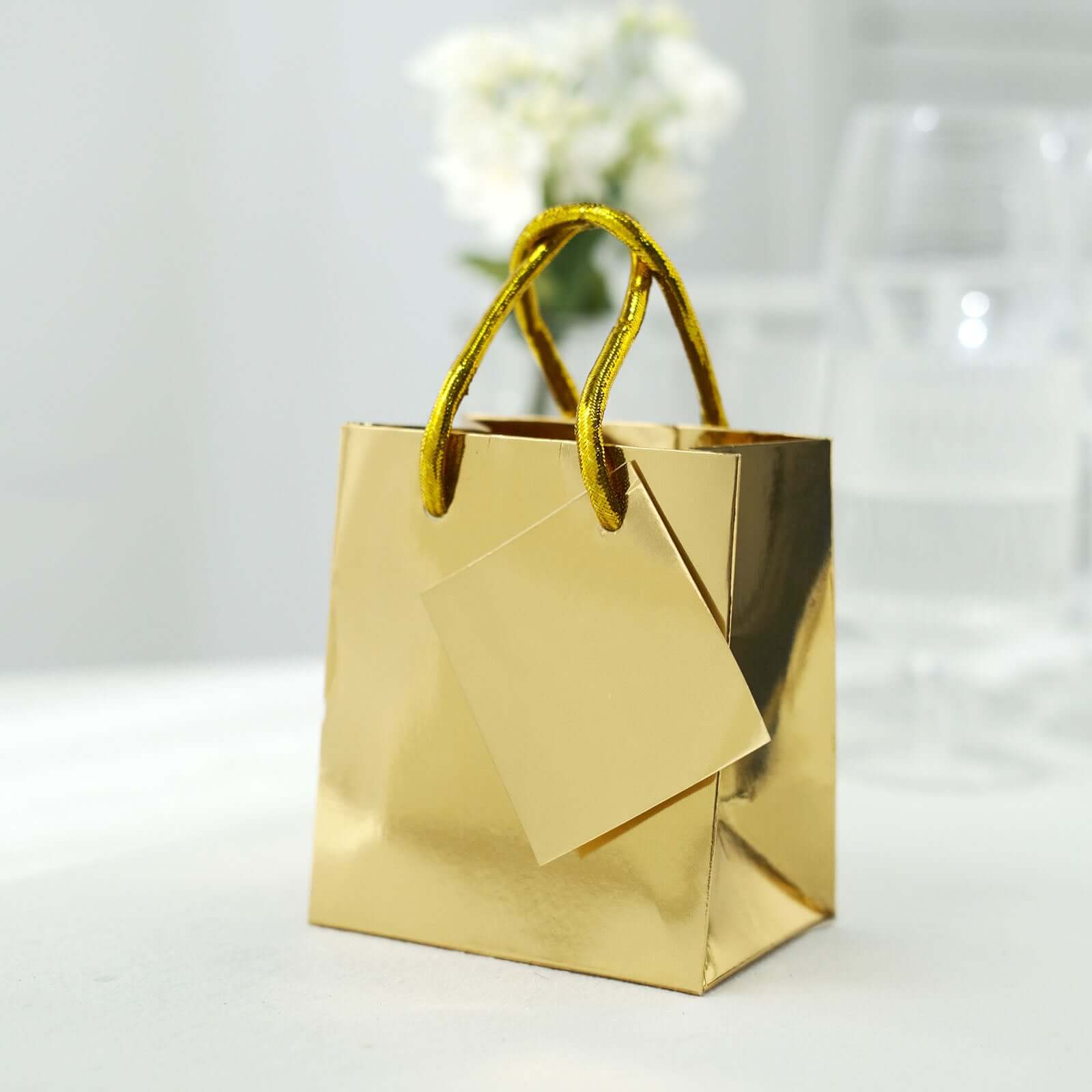 12 Pack 5 Shiny Metallic Gold Foil Paper Party Favor Bags With Handles, Small Gift Wrap Goodie Bags