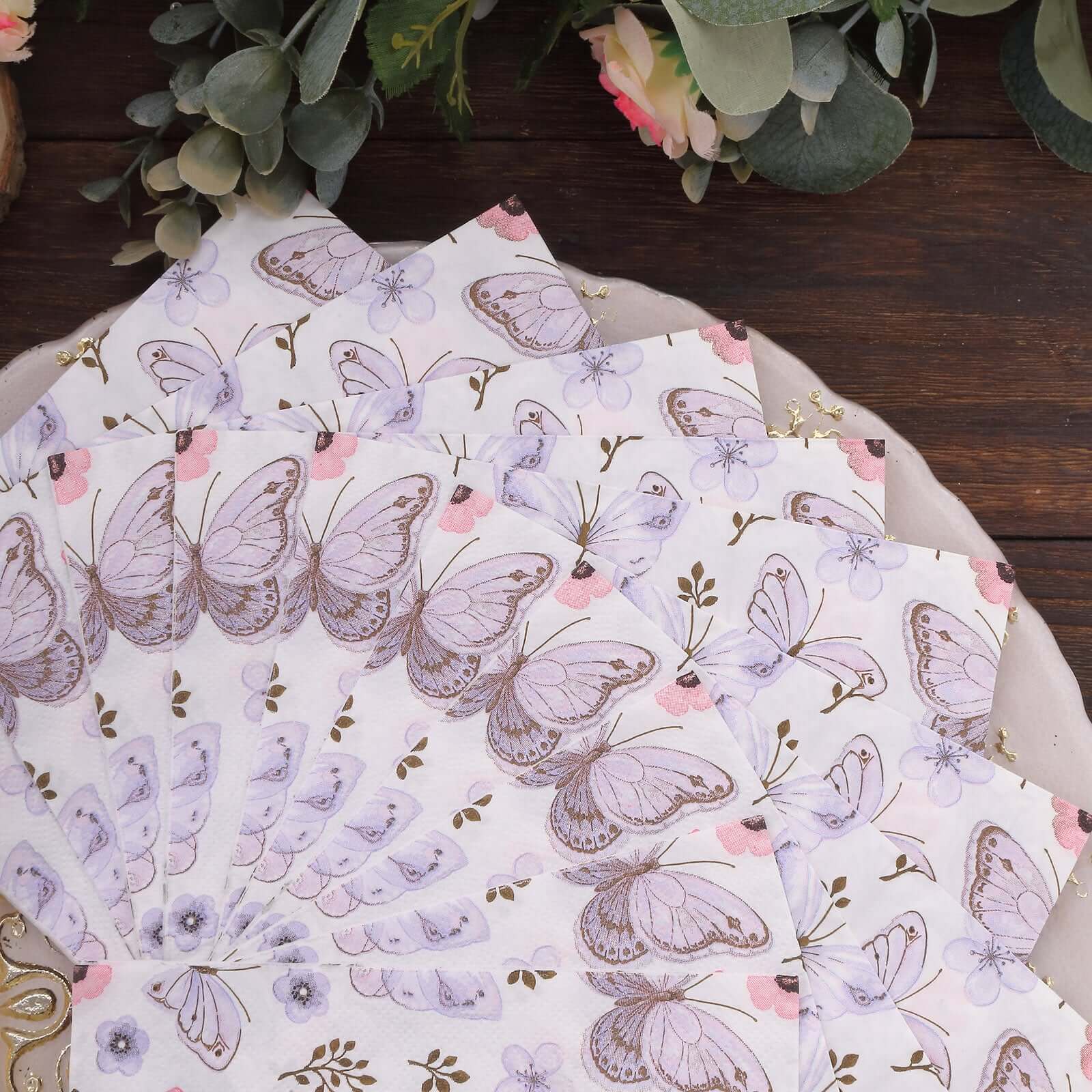 50-Pack Paper Beverage Napkins with Lavender Butterfly Floral Design Ivory - 2 Ply Soft 18GSM Garden Wedding Napkins 6.5x6.5