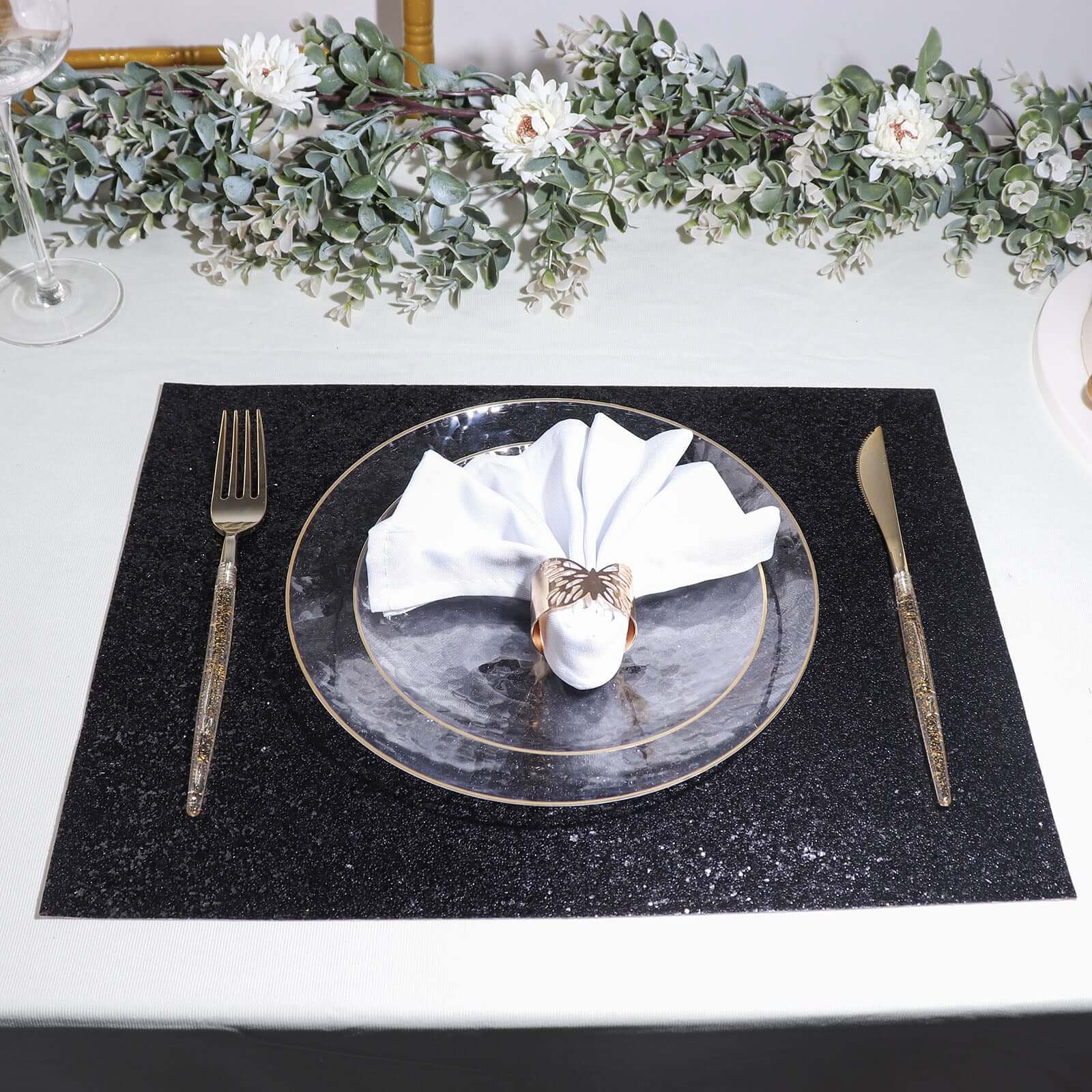 6-Pack Placemats Glitter Design Black Sparkle Rectangle - Non-Slip Decorative Dining Table Mats 12x18