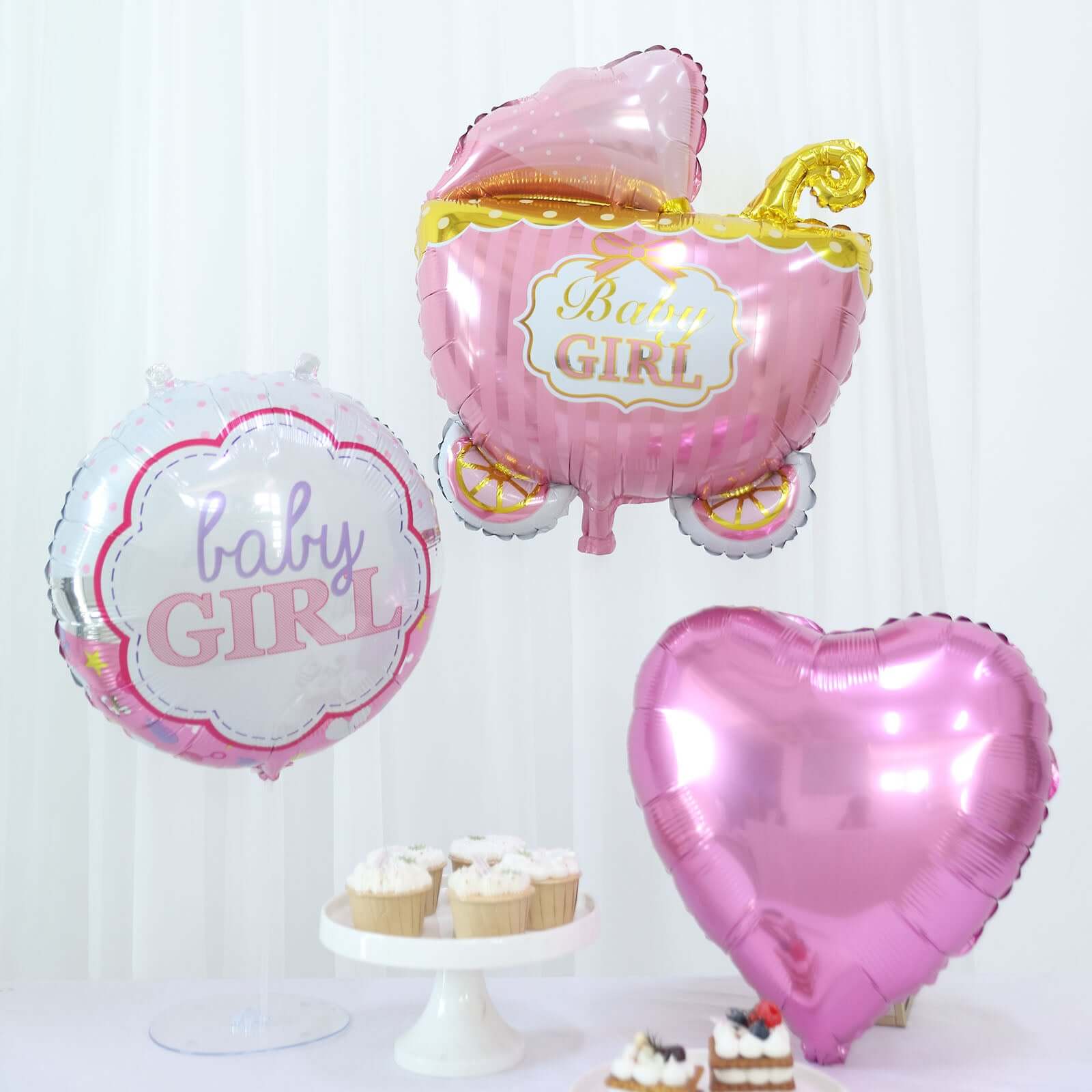 Set of 5 Pink White Girl Baby Shower Mylar Foil Balloon Set, Heart, Round and Baby Carriage Balloon Bouquet With Ribbon, Gender Reveal Party Decorations