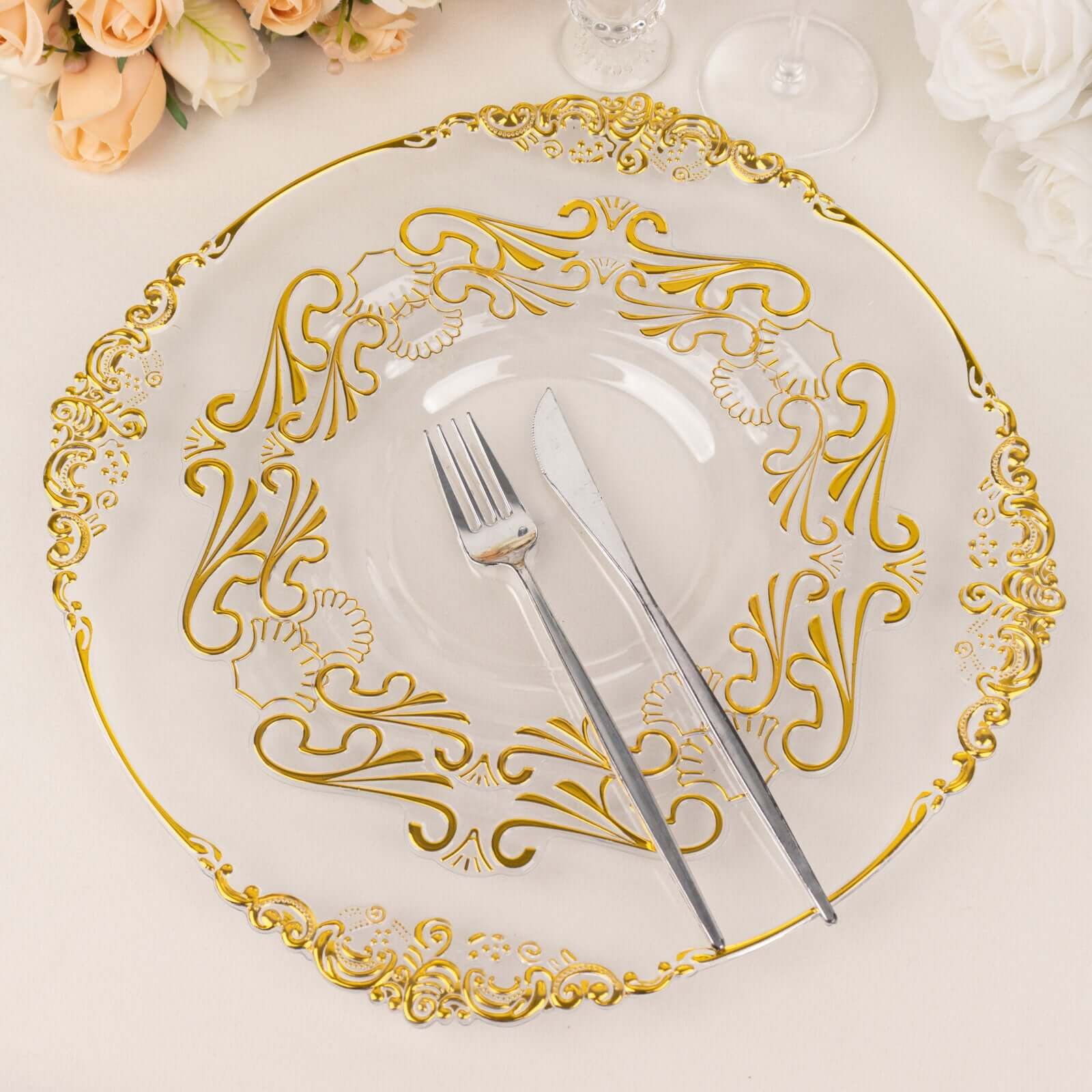 10-Pack Plastic 10 Round Dinner Plates in Clear with Gold Vintage Baroque Scalloped Rim - European Style Disposable Party Plates