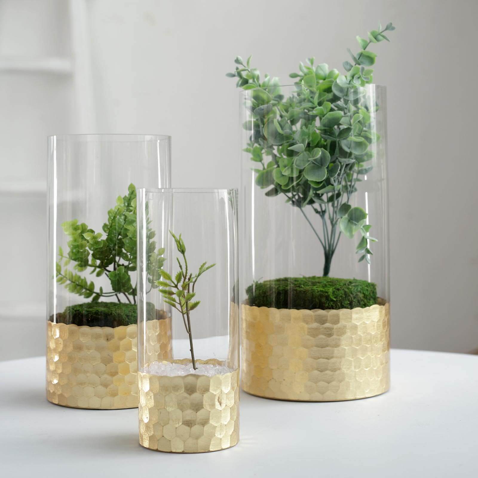 Set of 3 Clear Glass Cylinder Vases with Gold Honeycomb Base, Votive Tealight Candle Holder Set - 8,10,12