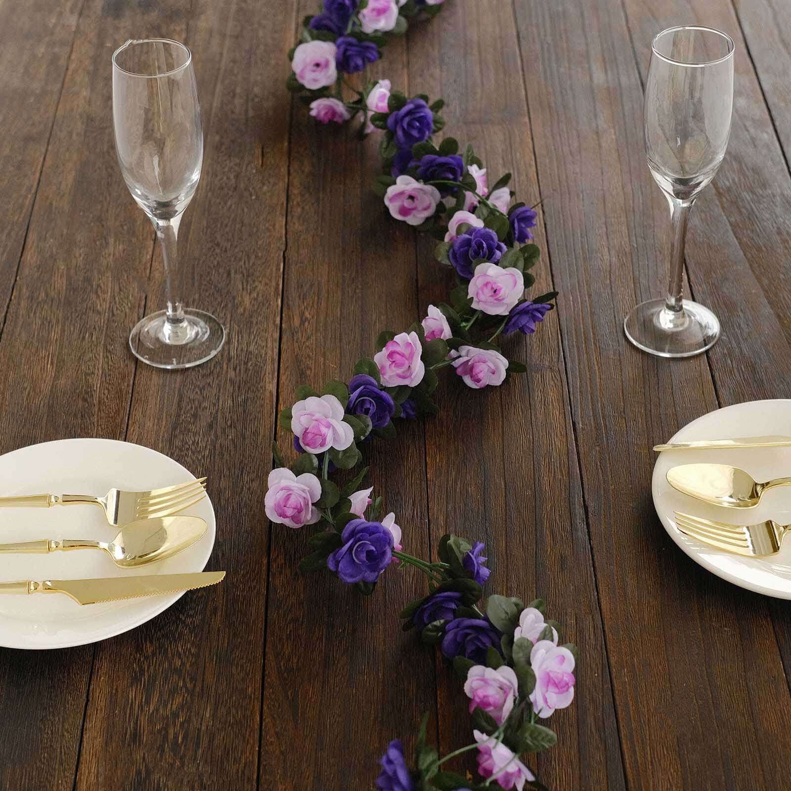 2 Pack 8ft Lavender Purple Artificial Silk Flower Garland Mini Rose Vines with 45 Flower Heads