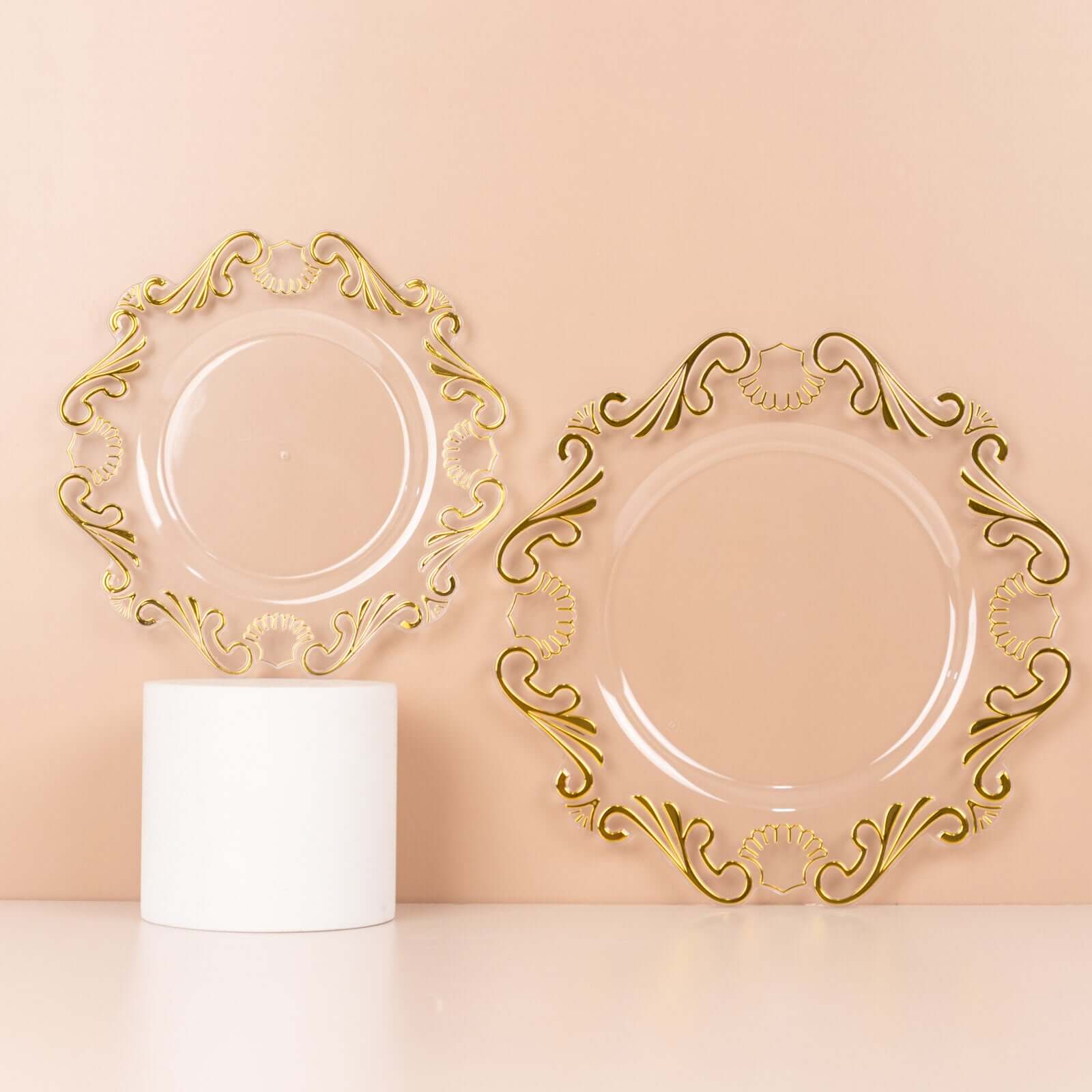 10-Pack Plastic 10 Round Dinner Plates in Clear with Gold Vintage Baroque Scalloped Rim - European Style Disposable Party Plates