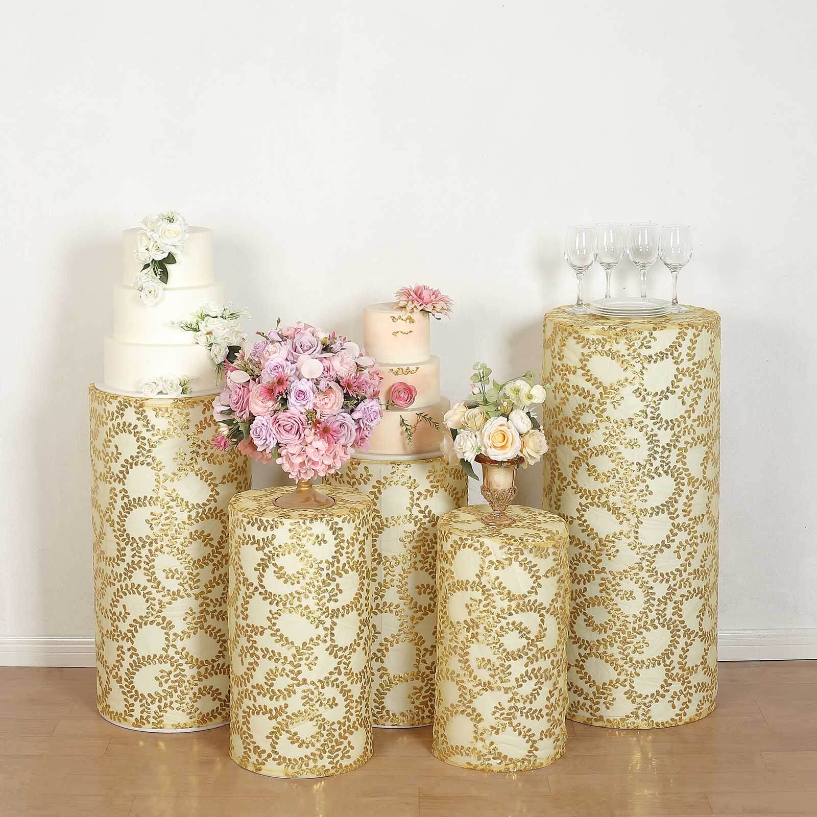 Set of 5 Gold Sequin Mesh Cylinder Pedestal Stand Covers with Leaf Vine Embroidery, Sparkly Sheer Tulle Pillar Prop Covers