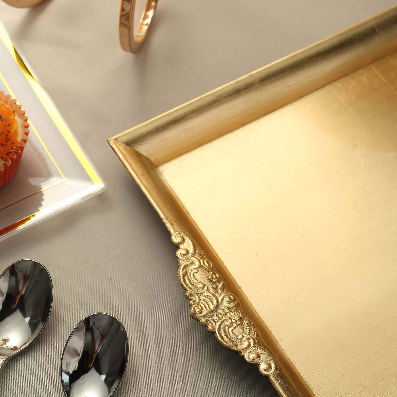 2-Pack Acrylic Rectangle Serving Trays 14x10 in Gold with Embossed Handles, Sleek Decorative Dinner Party Food Platters