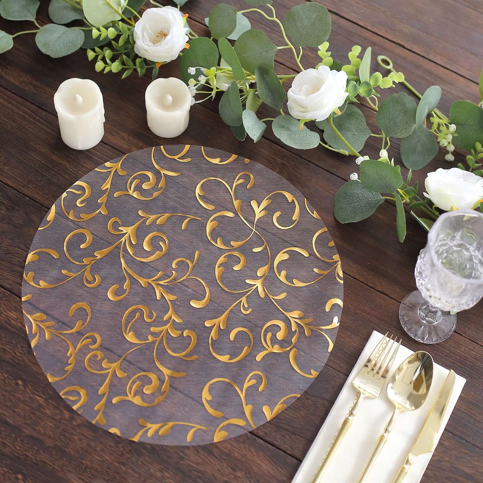 10-Pack Table Placemats Embossed Foil Flower Design Metallic Gold Round - Sheer Organza Disposable Mats 13