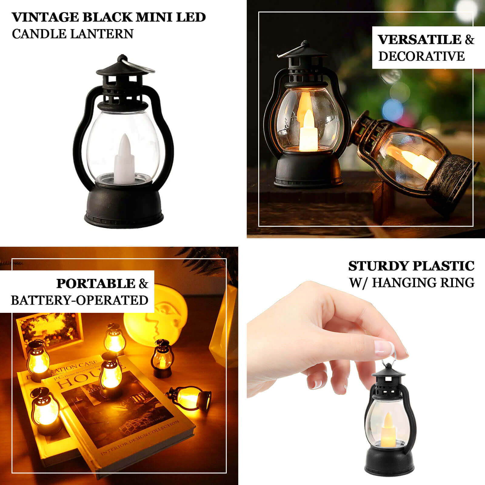 12-Pack LED Flickering Decorative Lights Vintage Black - Battery Operated Mini Hanging Lanterns 3.5