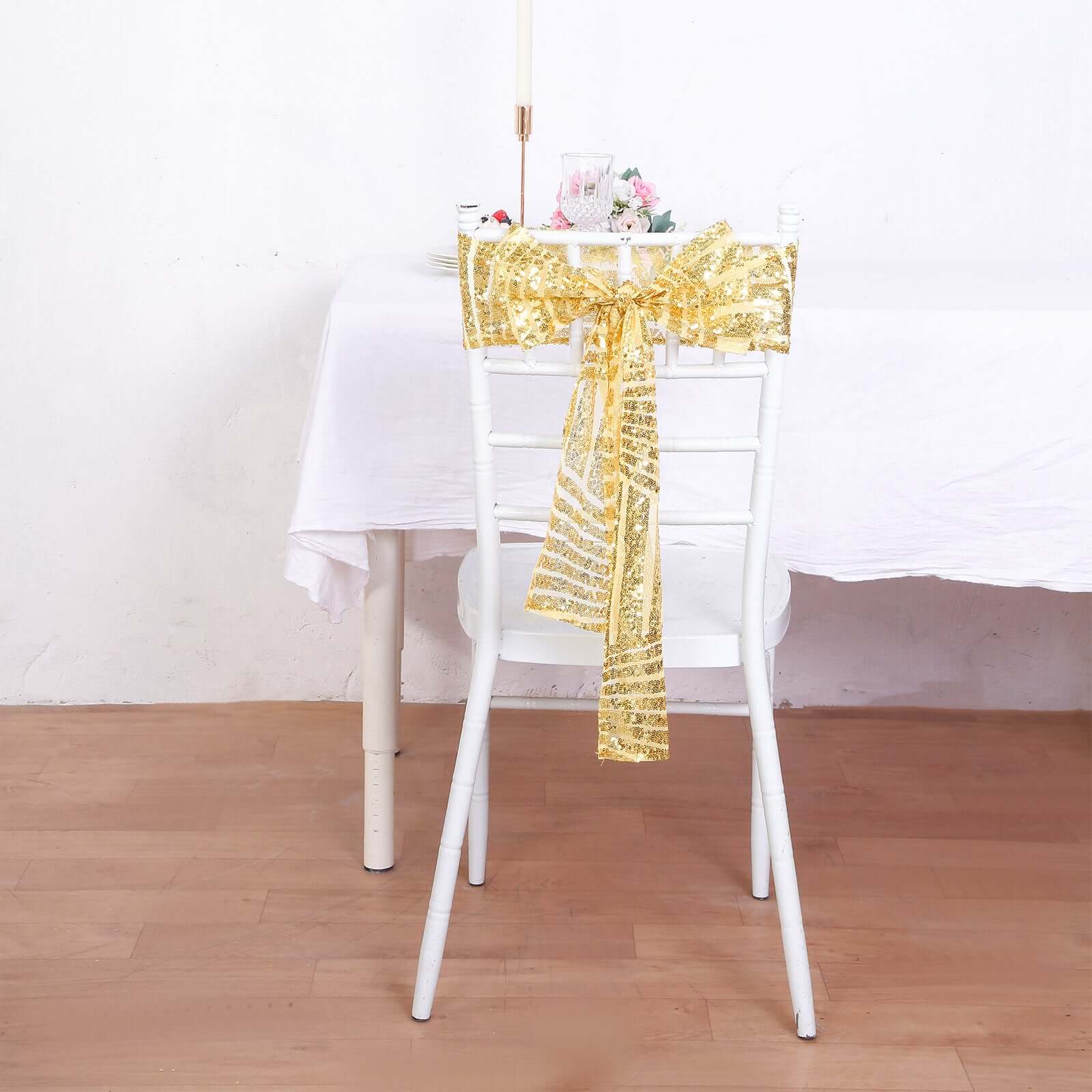 5 Pack Glitz Sequin Chair Sashes with Geometric Diamond Design 6x88 Gold - Glittering Accent for Weddings