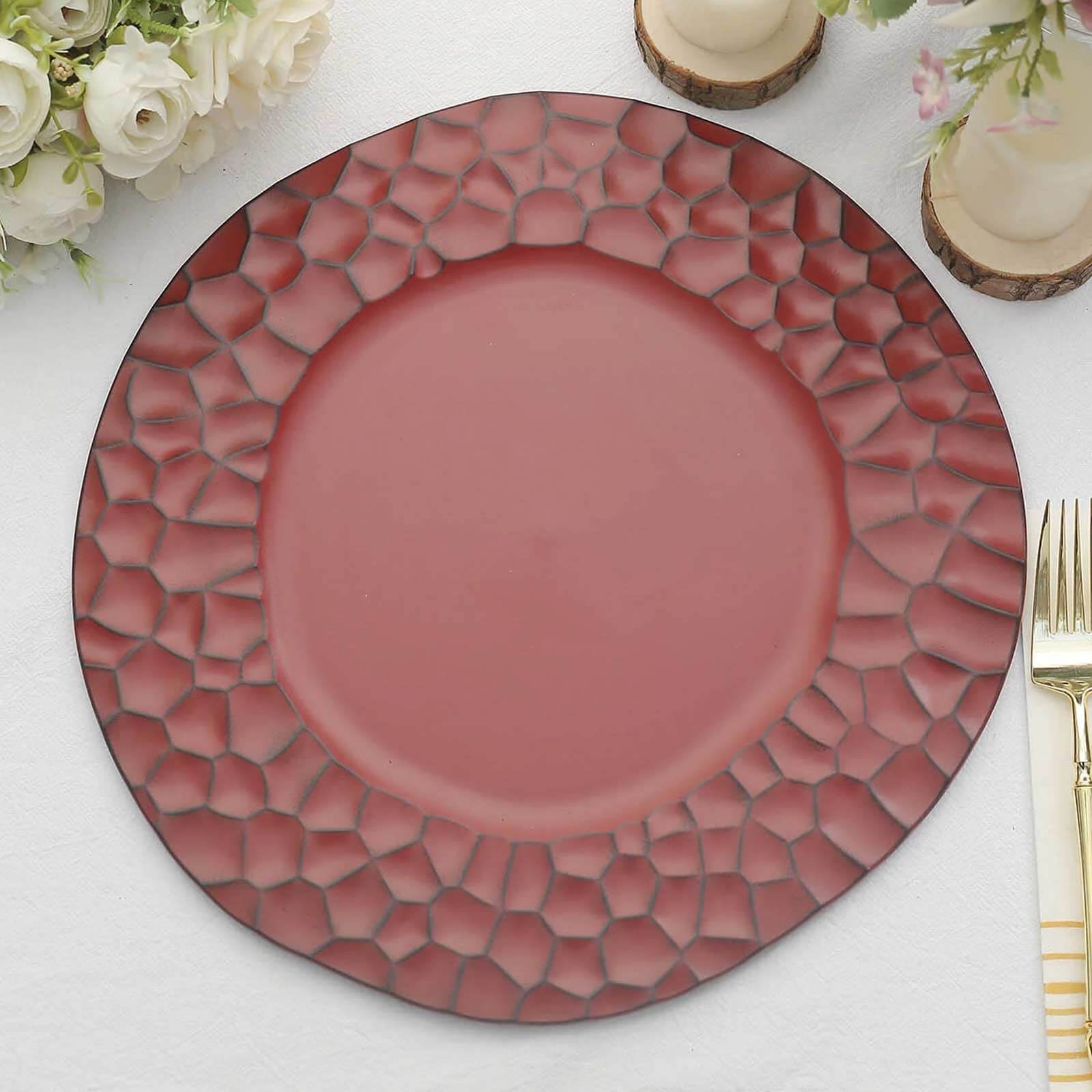 6-Pack Round Charger Plates 13 in Burgundy with Hammered Rim, Matte Finish Modern Dinner Charger Tableware