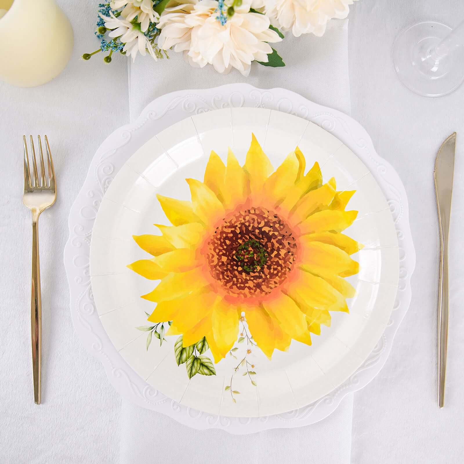 25-Pack Paper 9 Round Dinner Plates in White with Sunflower Design - Disposable Party Plates for Rustic Events & Garden Themes