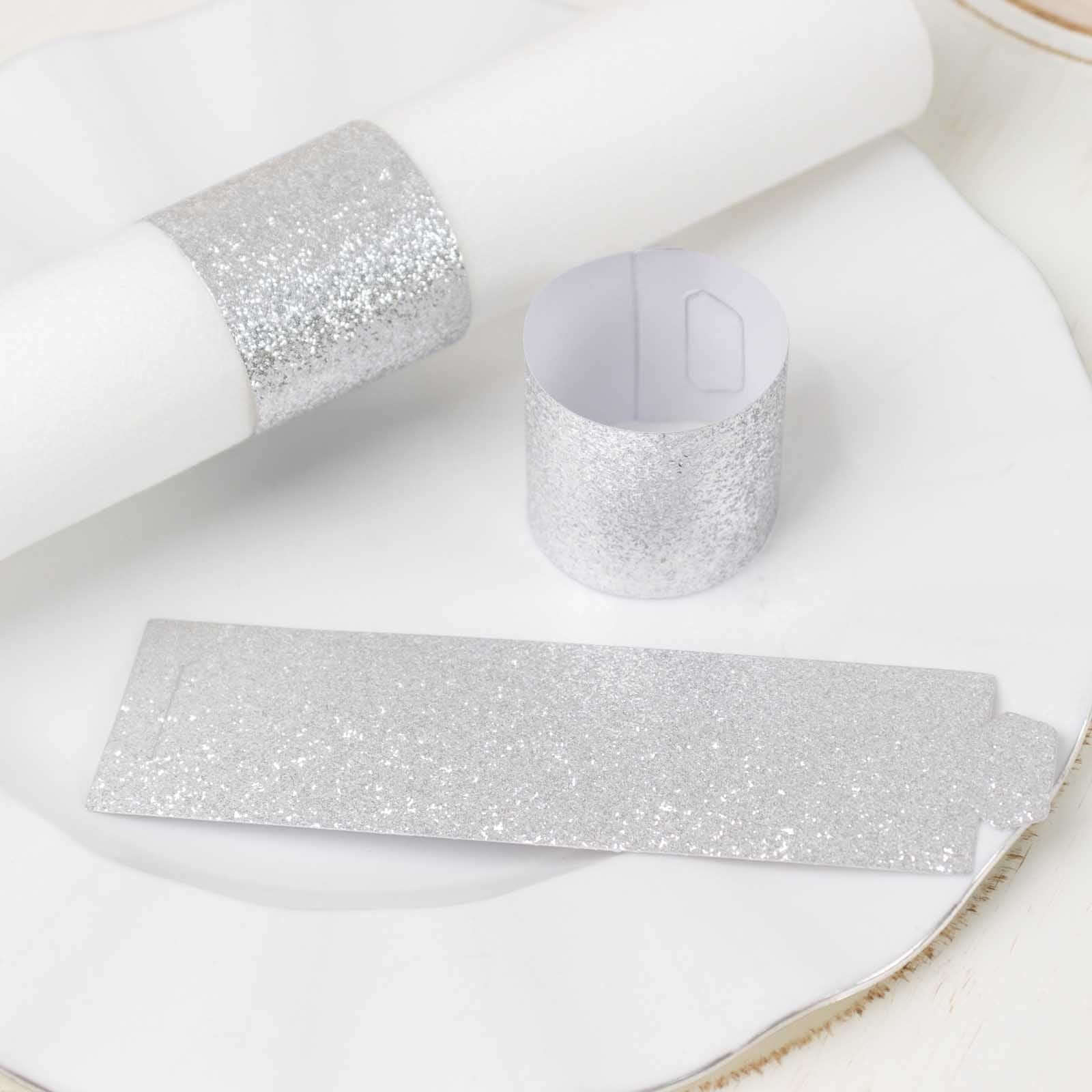 50-Pack Paper Napkin Rings Silver Glitter - Stylish Disposable Napkin Holders 1.5