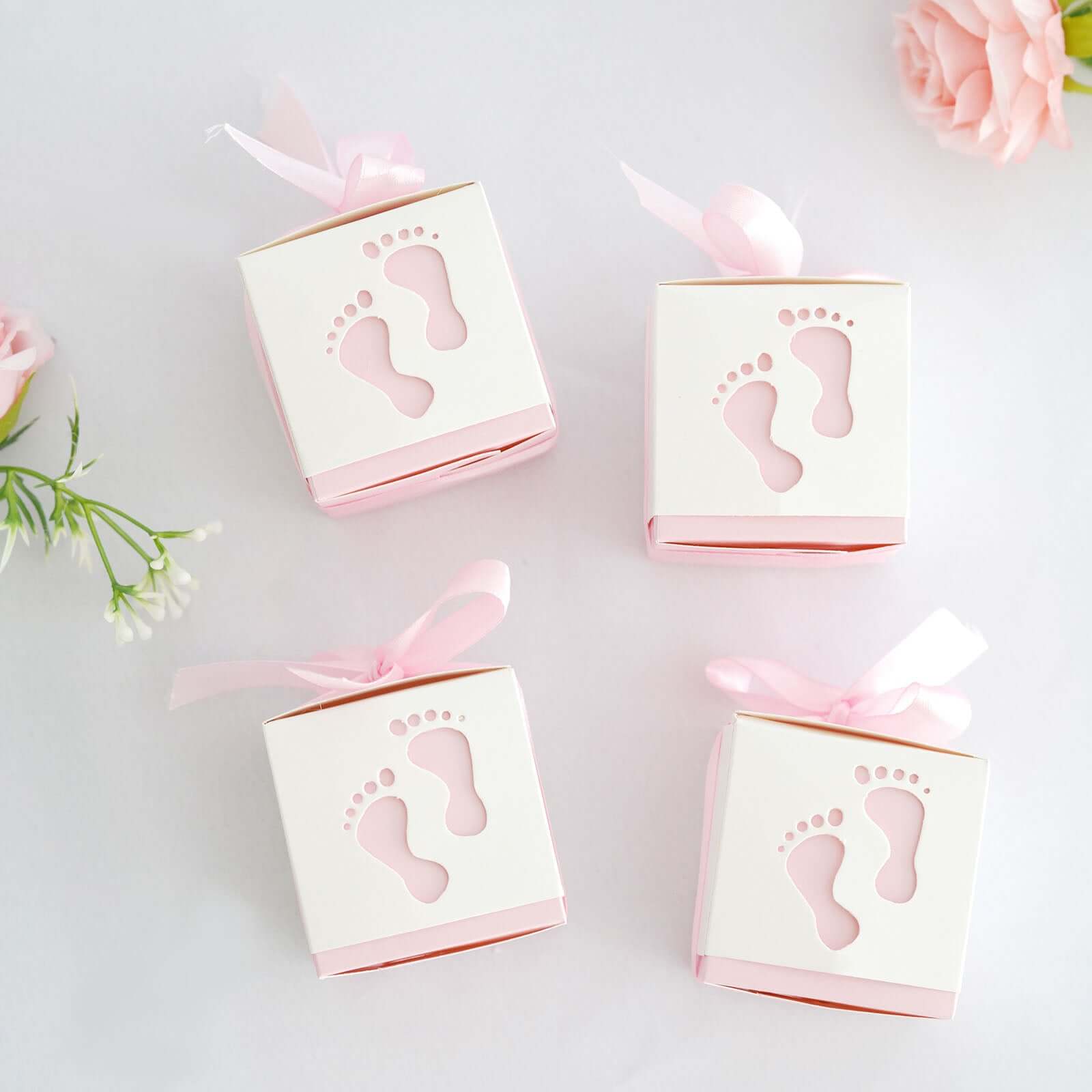 25 Pack 2 Pink Footprint Baby Shower Party Favor Candy Gift Boxes