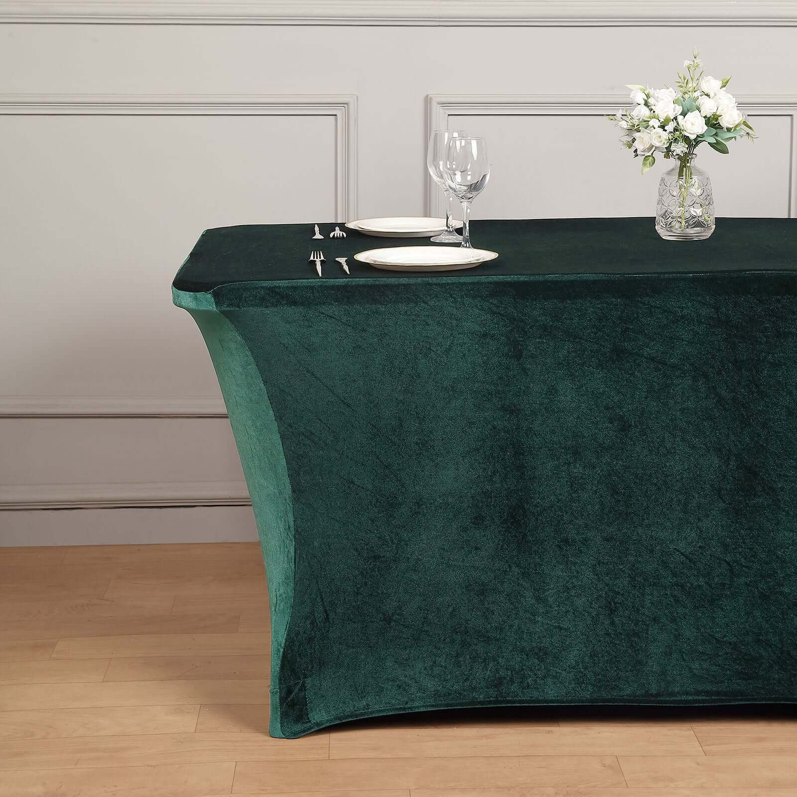 Velvet Spandex 6ft Rectangle Tablecloth Hunter Emerald Green - Fitted Wrinkle-Free Design for 72x30 Tables