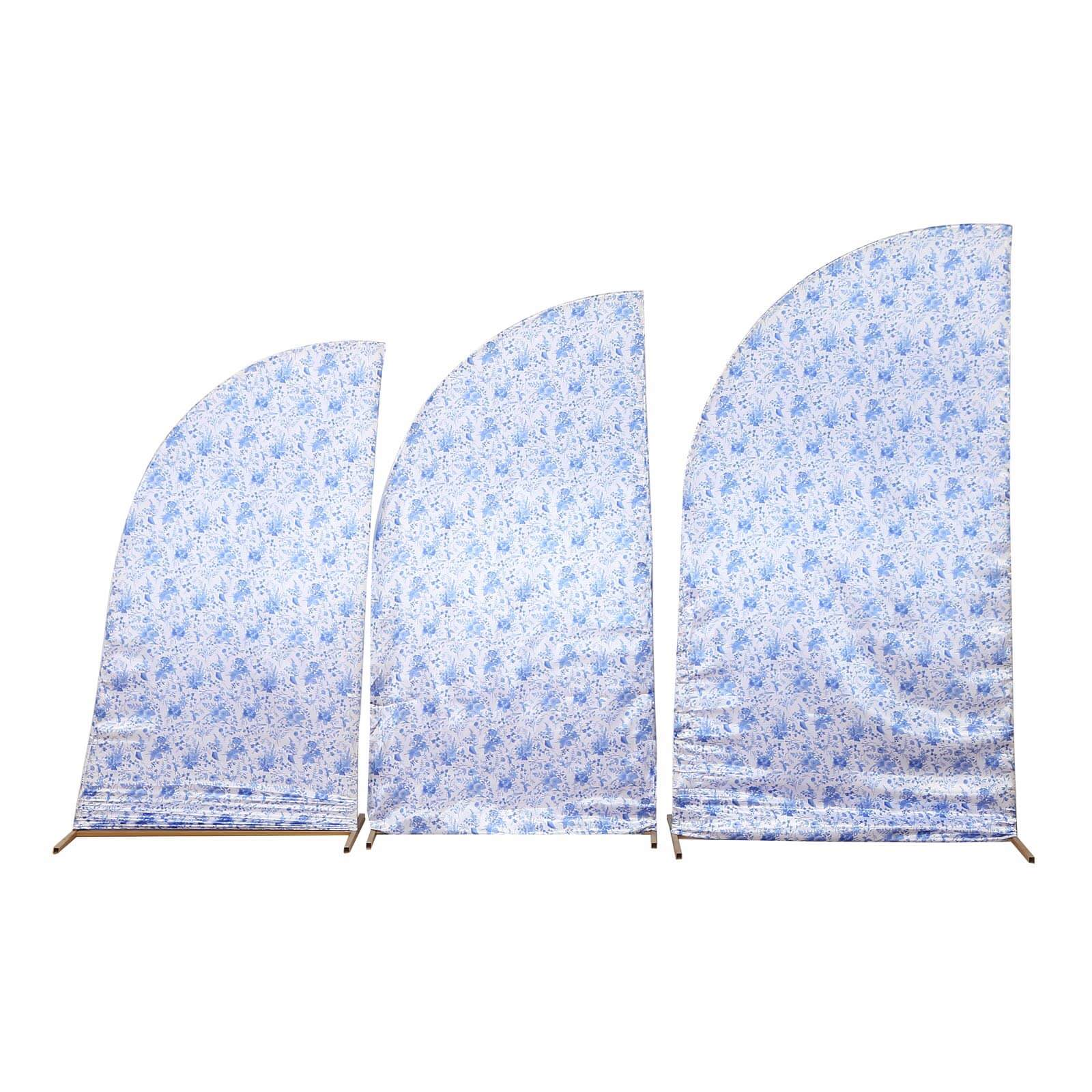 Set of 3 White Blue Satin Chiara Wedding Arch Covers in French Toile Floral Pattern, Fitted Covers For Half Moon Backdrop Stands - 5ft, 6ft, 7ft