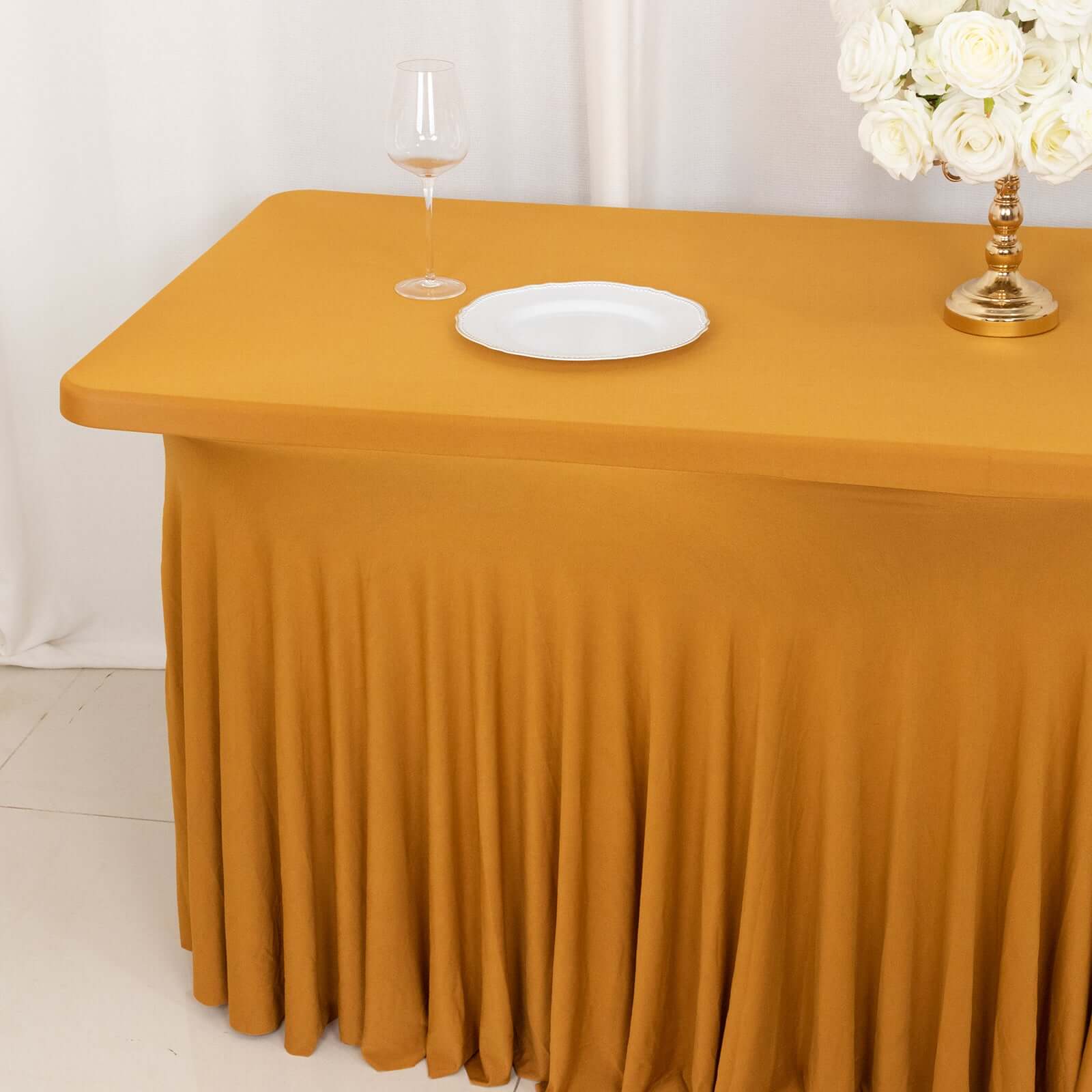 Spandex Rectangle 72x30 Table Skirt Gold with Wavy Skirt-Like Effect Stylish Table Cover for Weddings, Banquets & Trade Shows