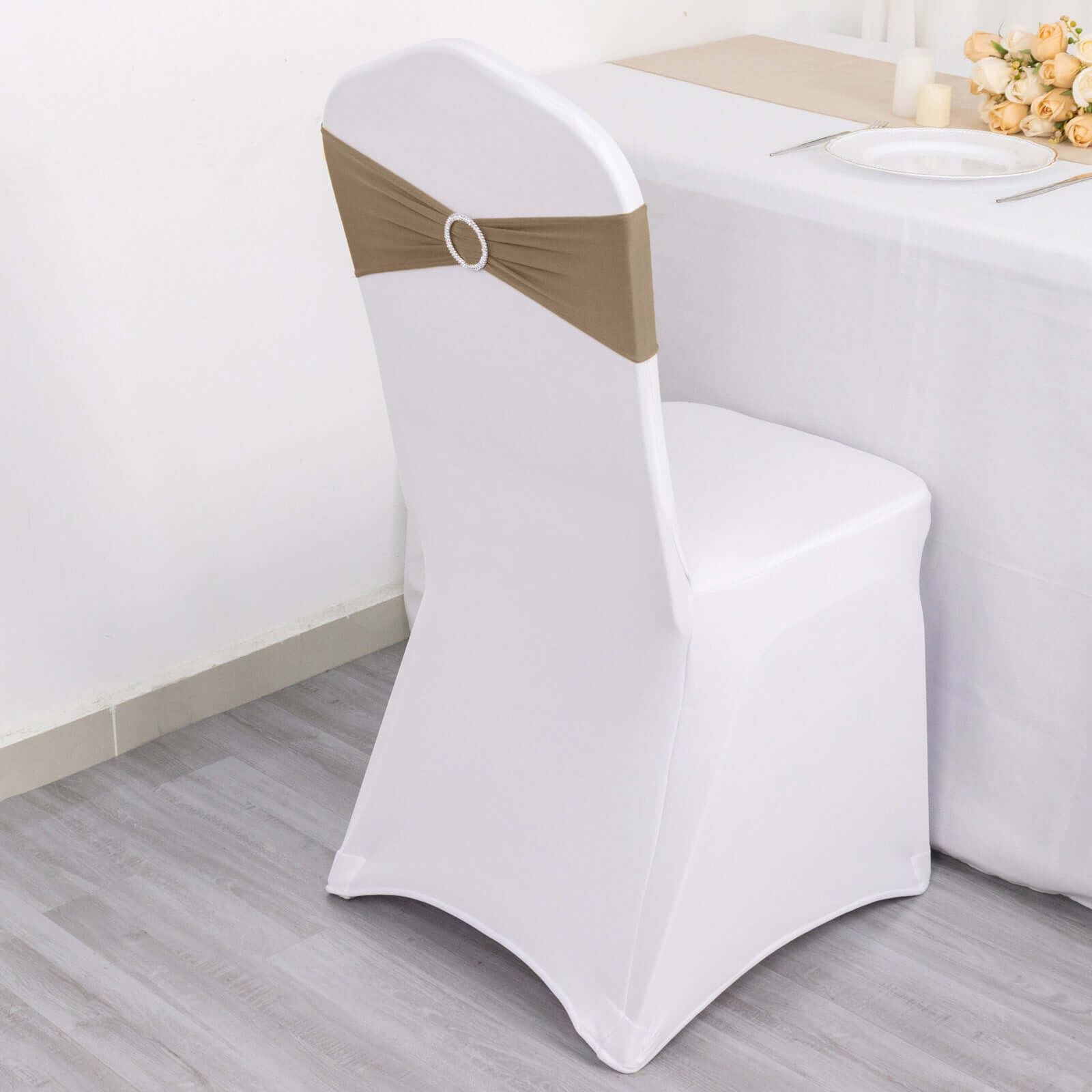 5 Pack Stretch Spandex Chair Sashes Taupe - Reusable Chair Bands with Silver Diamond Ring Slide Buckle 5x14