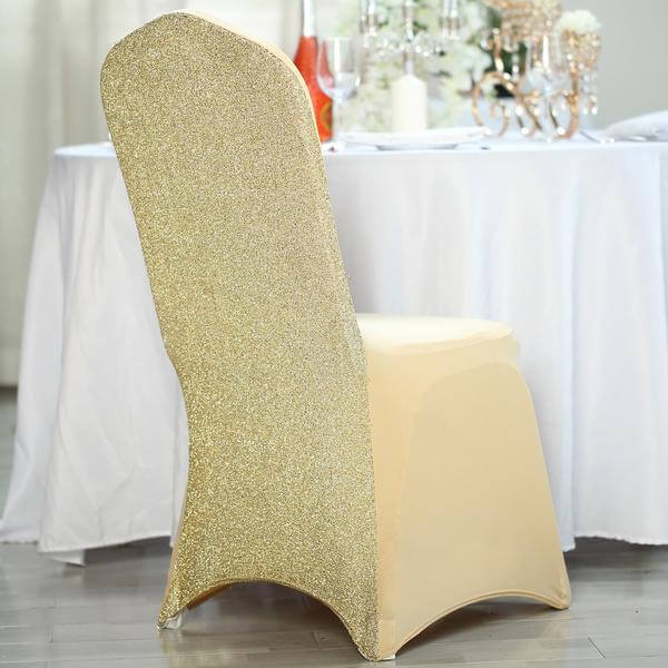 Spandex Chair Cover with Metallic Shimmer Tinsel Back for Banquet Chairs Champagne - Fitted Slipcover