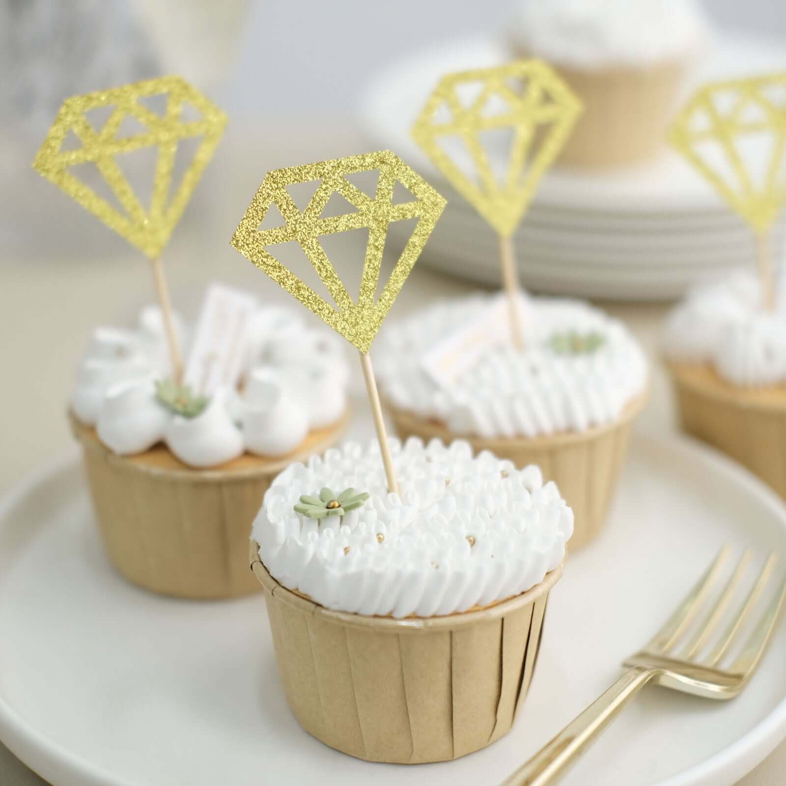 24-Pack Cupcake Toppers Diamond Ring Design Glitter Gold - Party Cake Picks Engagement Decoration Supplies