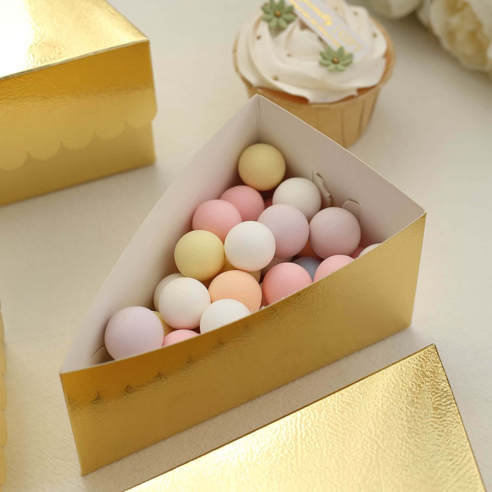 10-Pack Cardstock Triangle Cake Slice Boxes Metallic Gold with Scalloped Top - Decorative Takeaway Dessert Containers for Pie Snacks & Party Favors 5x3