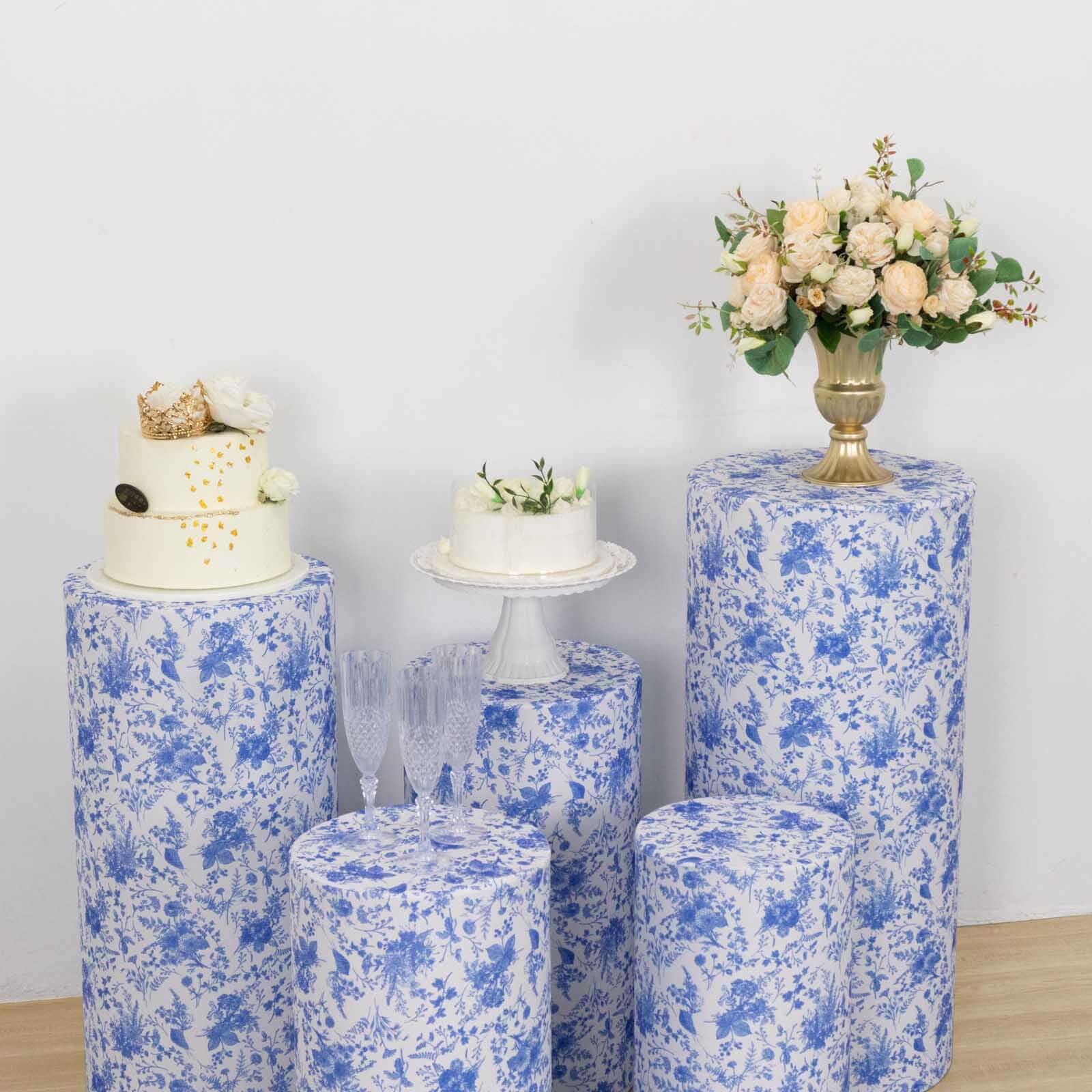 Set of 5 White Blue Spandex Cylinder Pedestal Stand Covers in French Toile Floral Pattern, Stretchable Pillar Prop Covers - 160 GSM