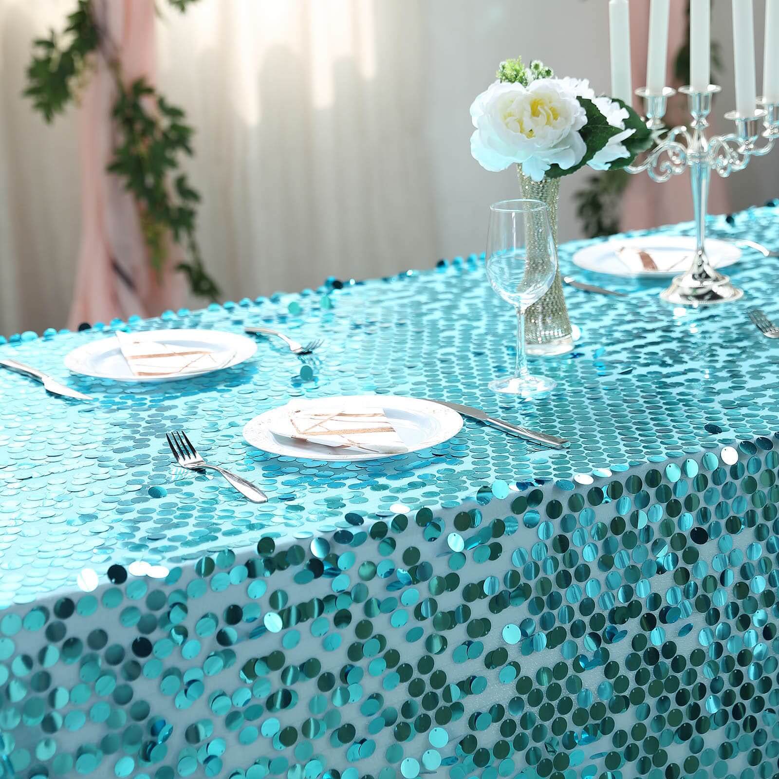 Sequin 90x132 Rectangle Tablecloth Turquoise - Seamless Big Payette Table Cover