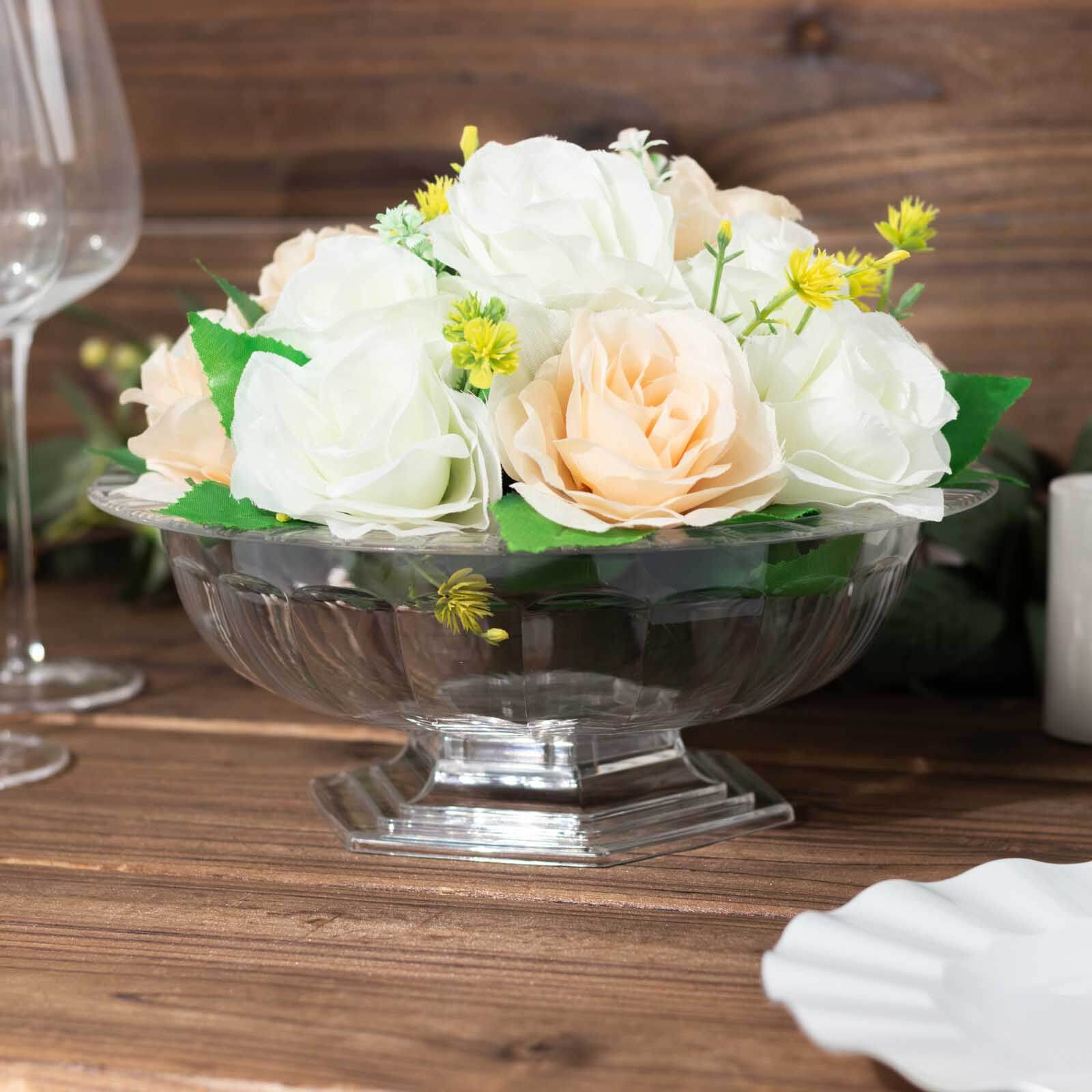 3-Pack Plastic Footed Compote Bowl Flower Vases Roman Style Clear - Round Decorative Pedestal Table Centerpieces 10