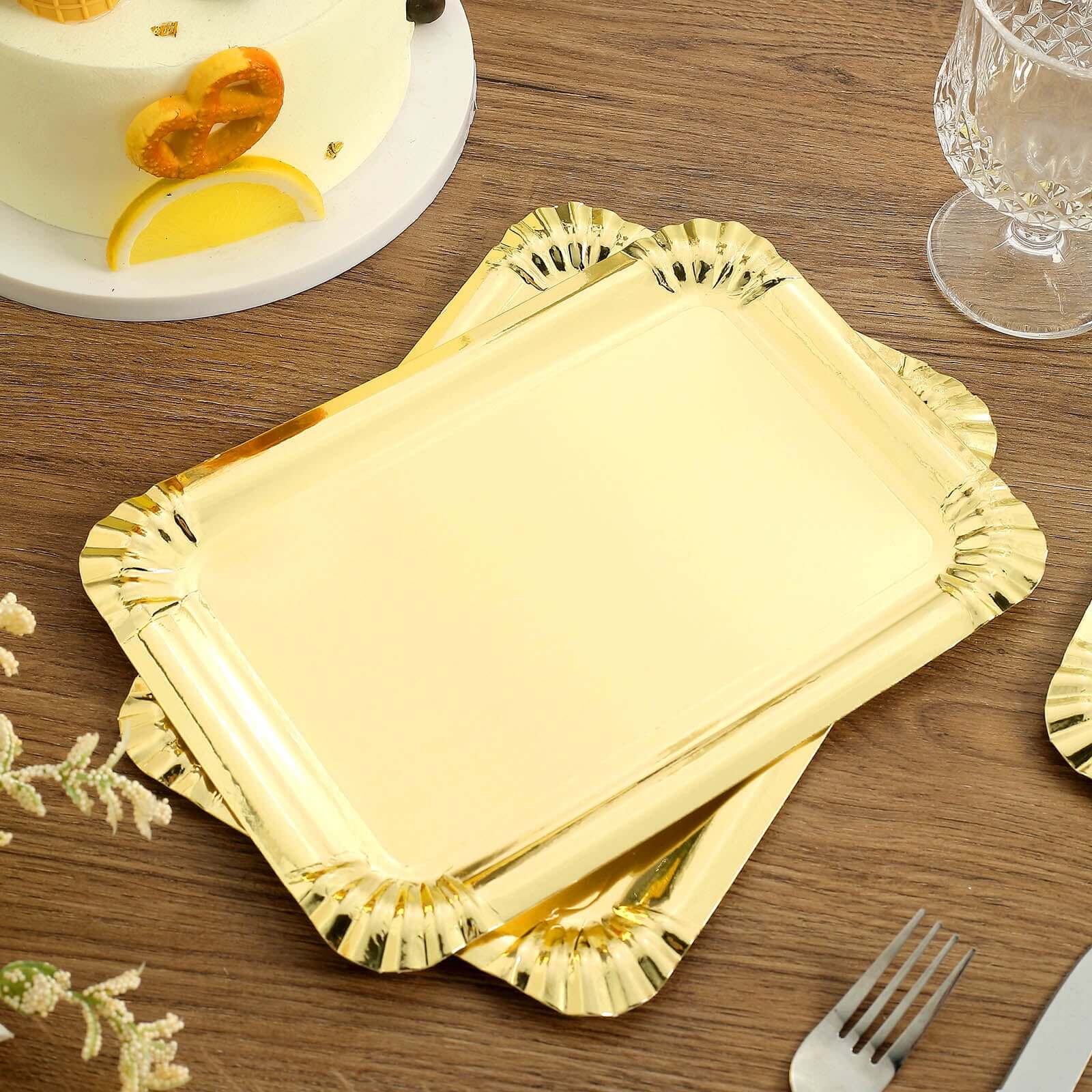 10-Pack Paper 9 Rectangle Serving Trays Metallic Gold - Durable Disposable 400GSM Cardboard Party Platters With Designer Edges for Festive Celebrations