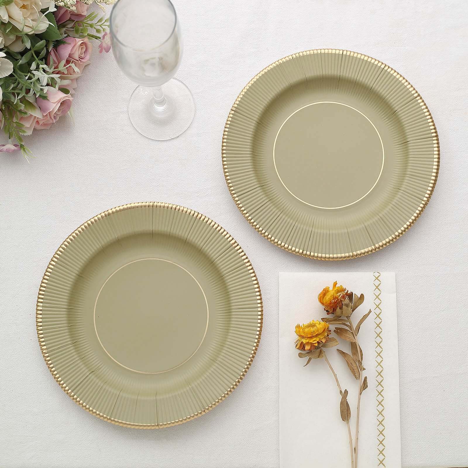 25-Pack Paper 8 Round Dessert Plates in Khaki Sunray Design with Gold Rim - Disposable Heavy Duty 350GSM Appetizer Salad Plates